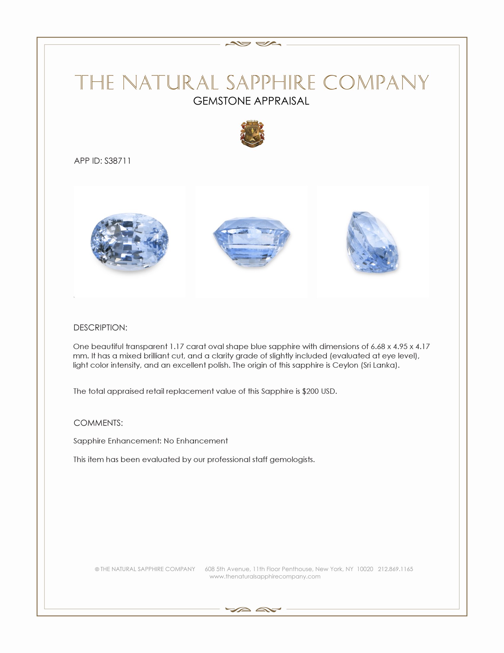 1.17 Ct. Blue Sapphire from Ceylon (Sri Lanka)