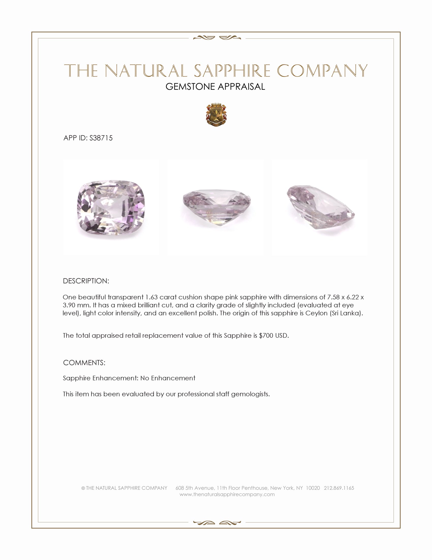 1.63 Ct. Pink Sapphire from Ceylon (Sri Lanka)