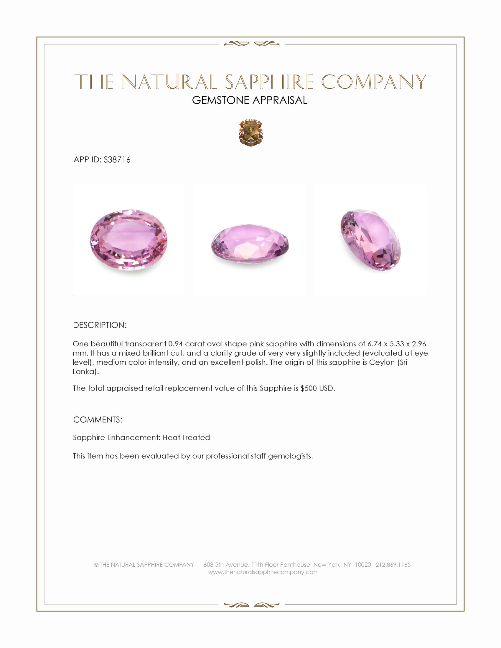 0.94 Ct. Pink Sapphire from Ceylon (Sri Lanka)