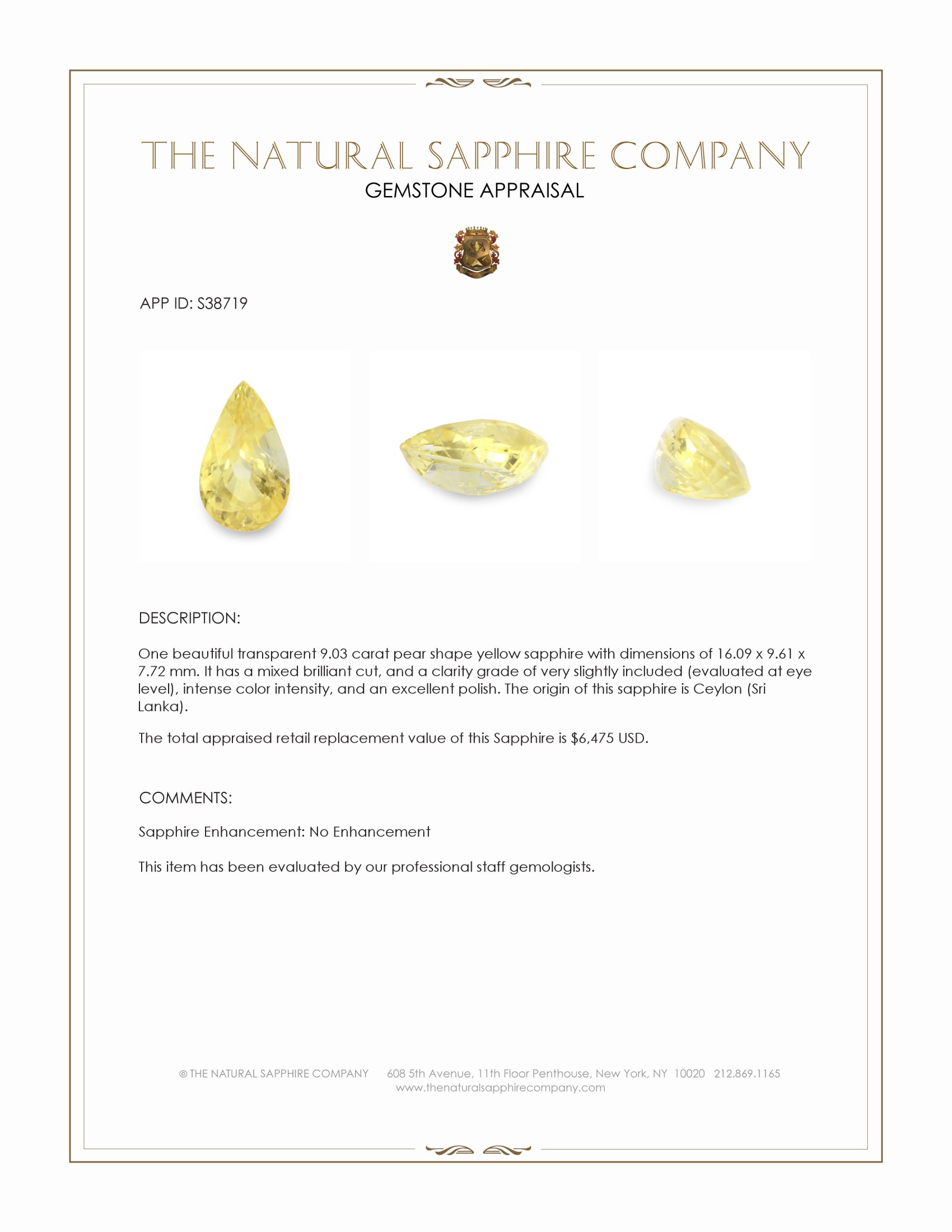 9.03 Ct. Yellow Sapphire from Ceylon (Sri Lanka)