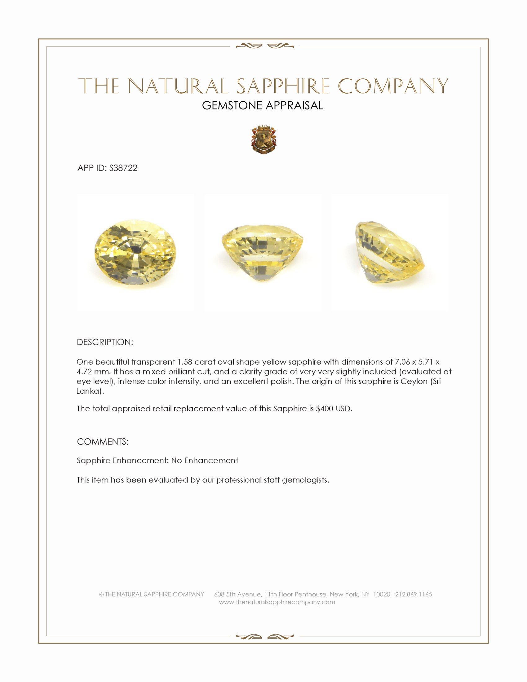 1.58 Ct. Yellow Sapphire from Ceylon (Sri Lanka)