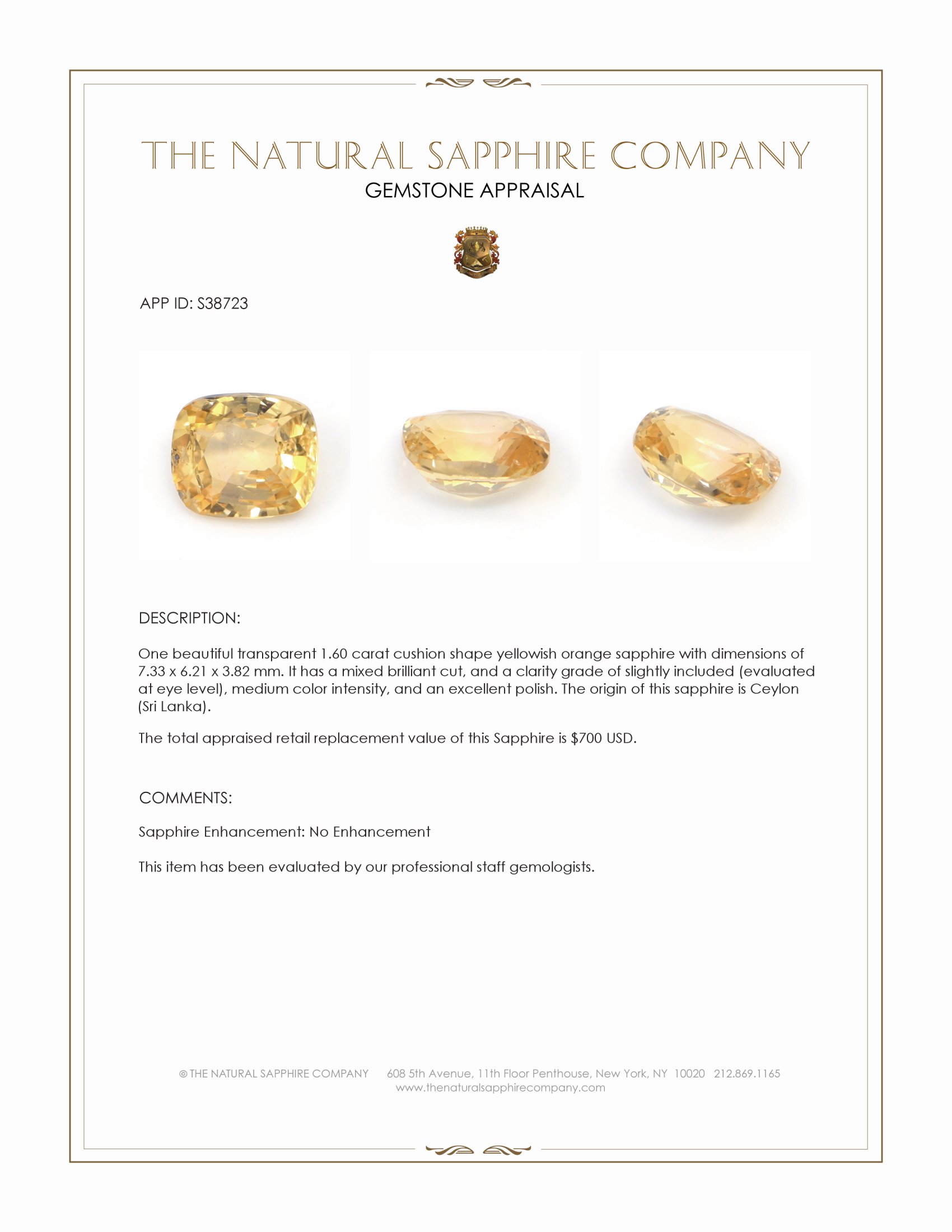 1.60 Ct. Yellowish Orange Sapphire from Ceylon (Sri Lanka)