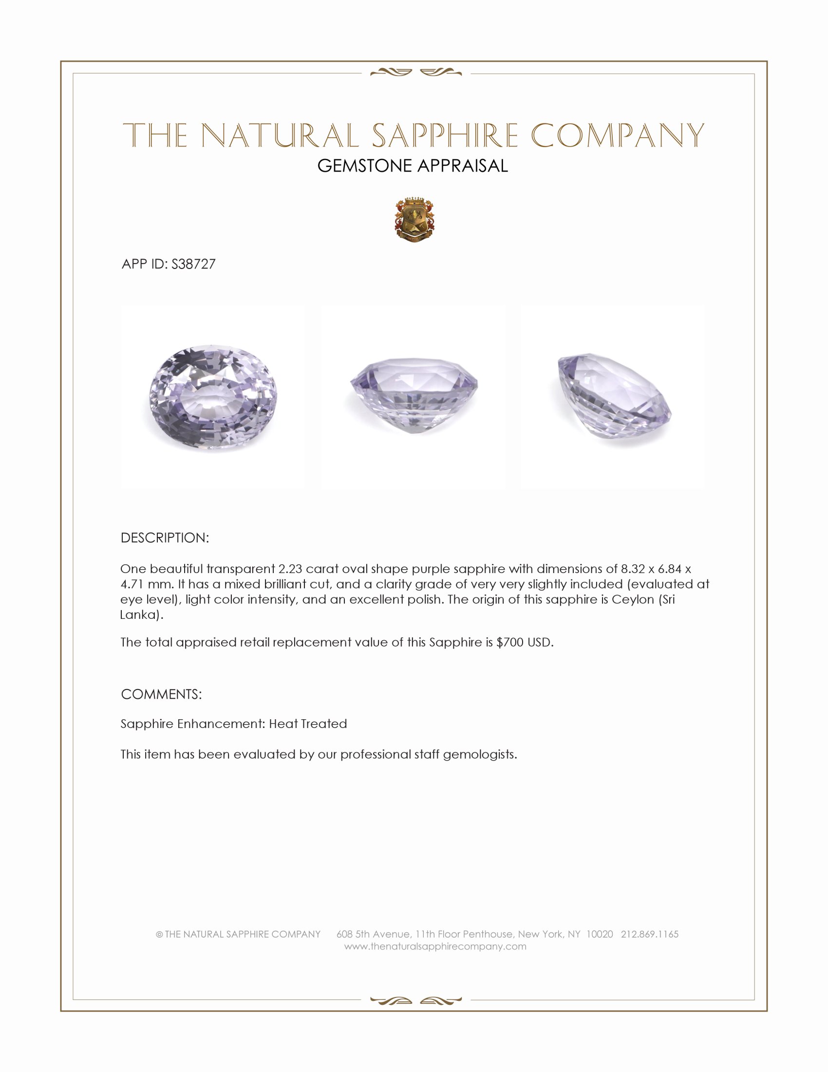 2.23 Ct. Purple Sapphire from Ceylon (Sri Lanka)