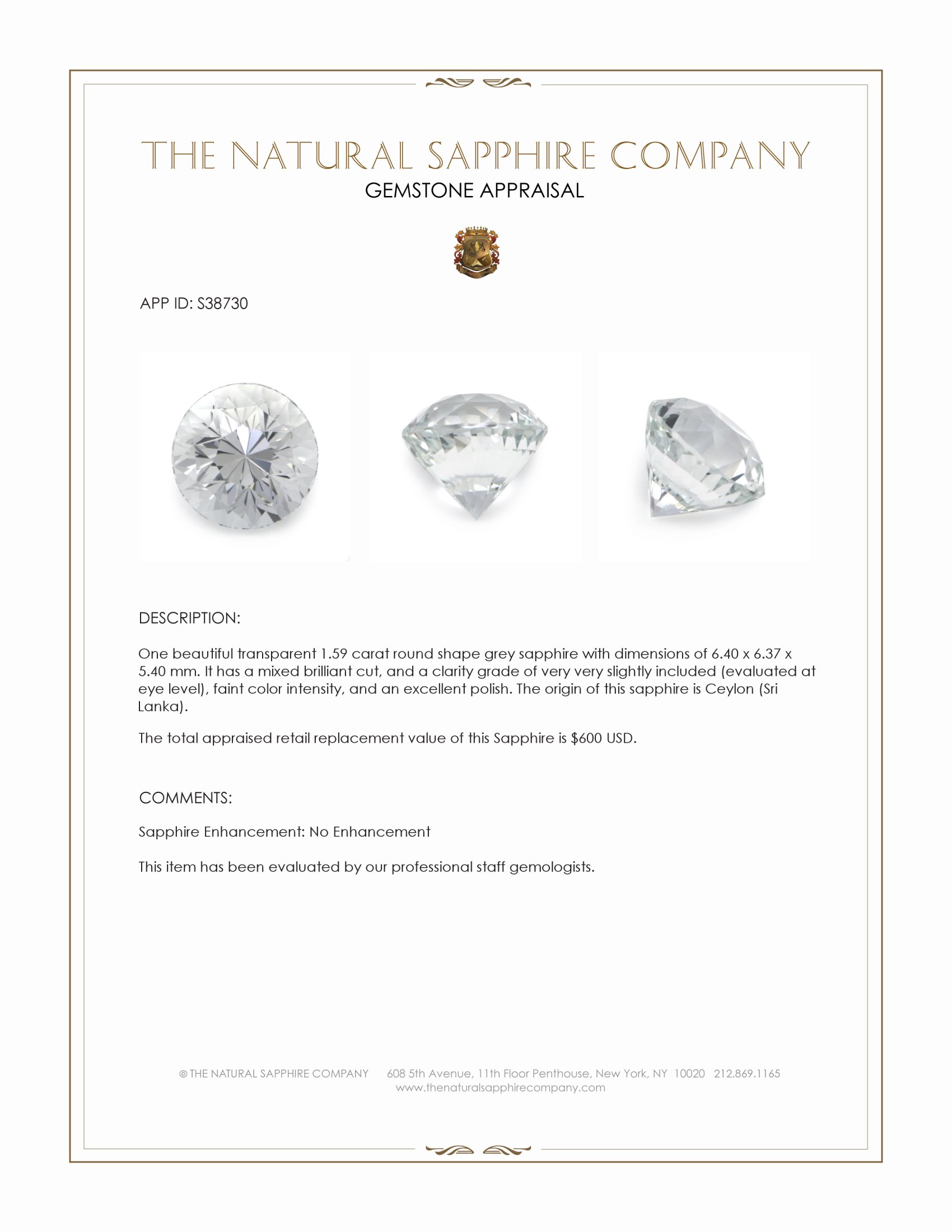 1.59 Ct. Grey Sapphire from Ceylon (Sri Lanka)