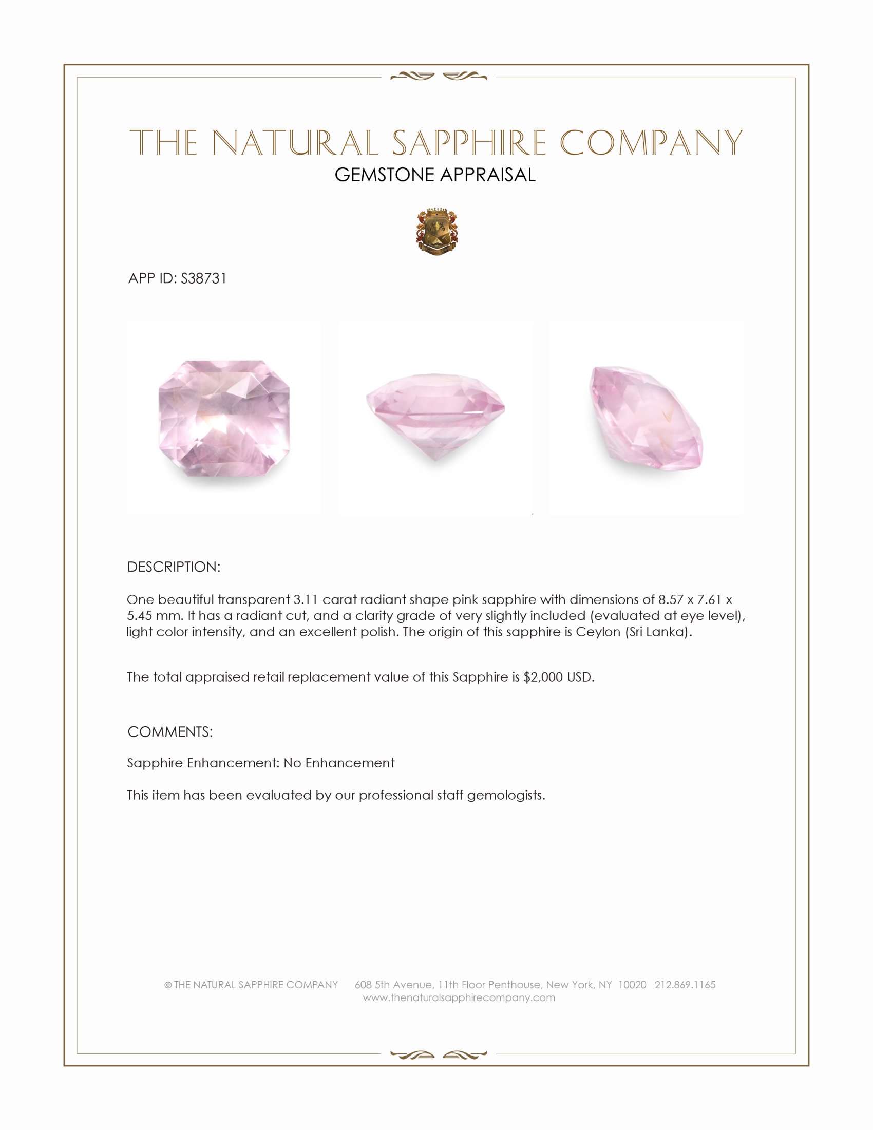 3.11 Ct. Pink Sapphire from Ceylon (Sri Lanka)