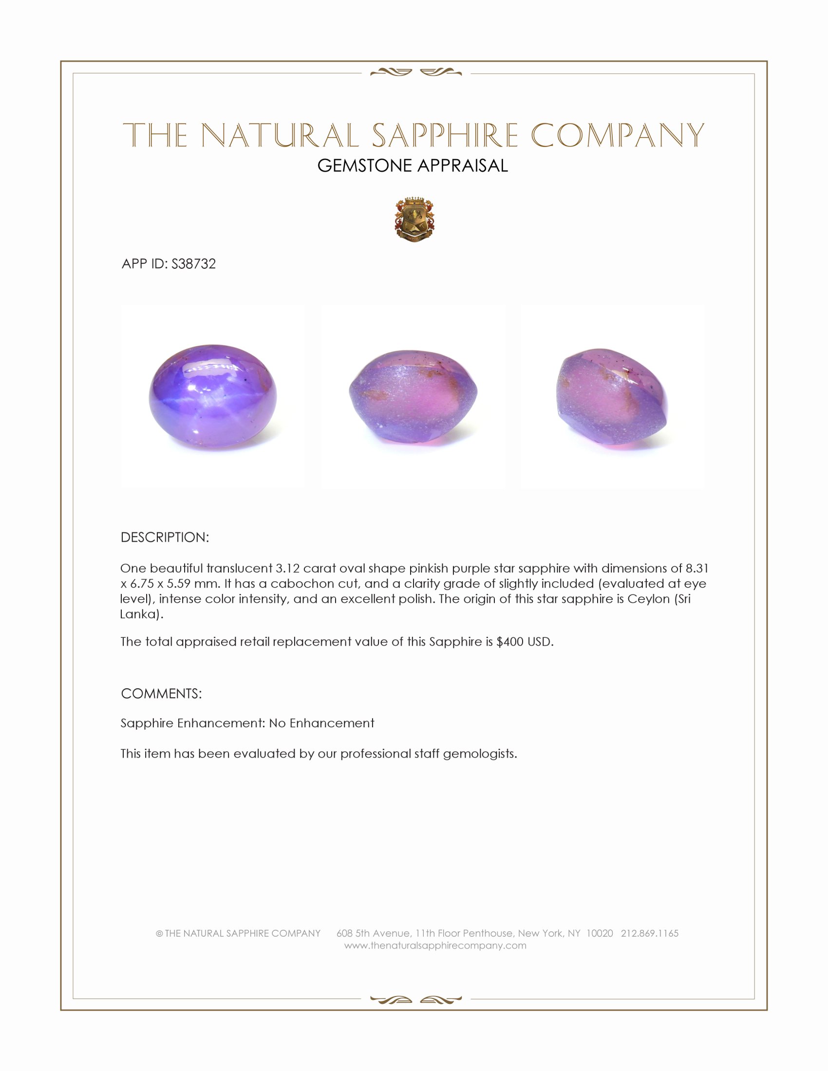 3.12 Ct. Pinkish Purple Star Sapphire from Ceylon (Sri Lanka)