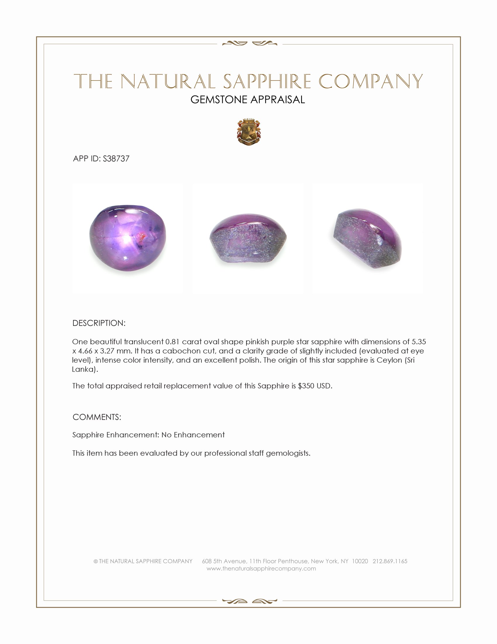 0.81 Ct. Pinkish Purple Star Sapphire from Ceylon (Sri Lanka)