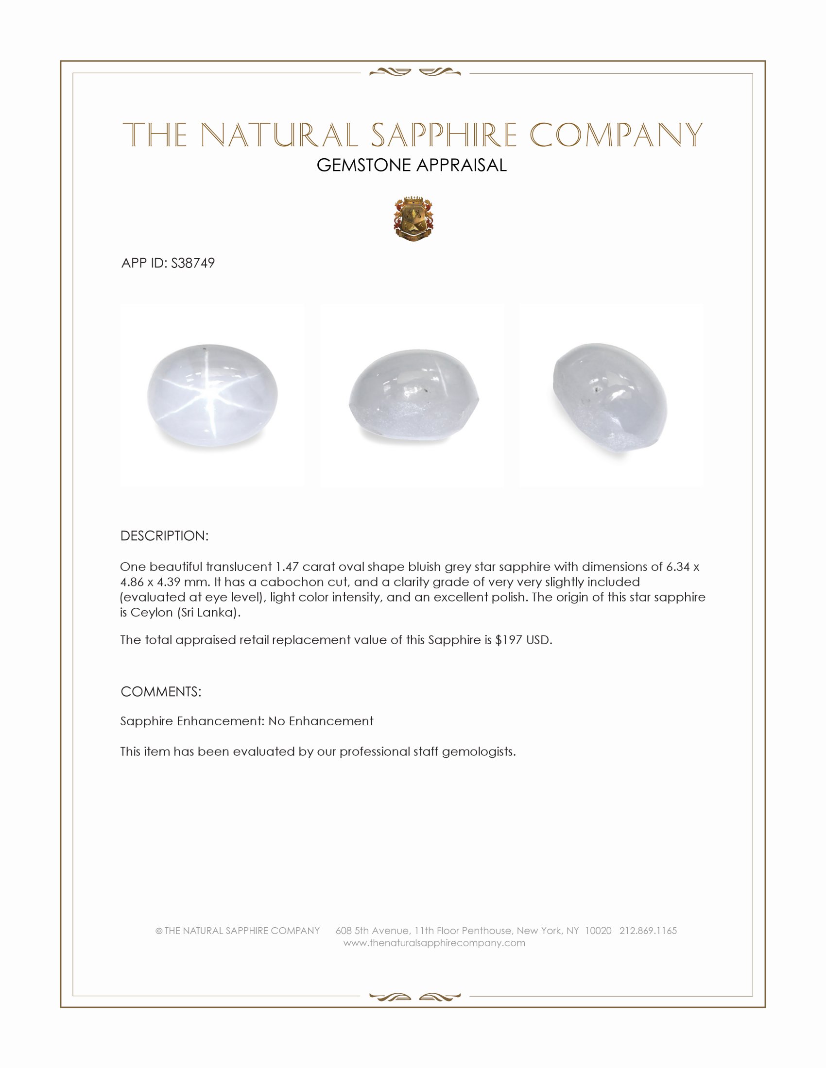 1.47 Ct. Bluish Grey Star Sapphire from Ceylon (Sri Lanka)