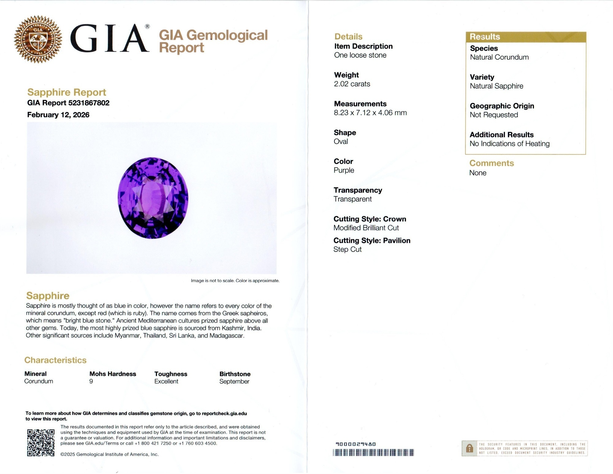 2.02 Ct. Purple Sapphire from Ceylon (Sri Lanka)