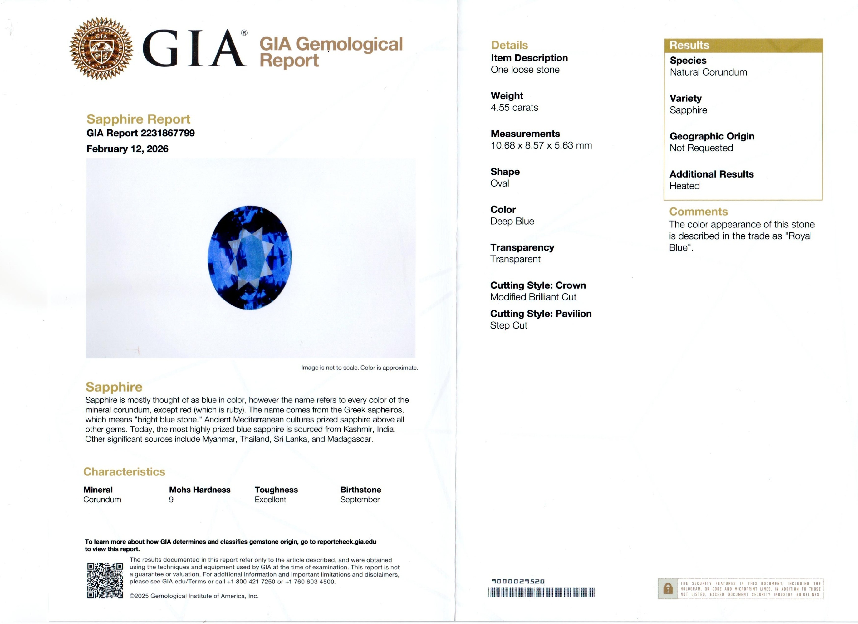 4.55 Ct. Blue Sapphire from Ceylon (Sri Lanka)