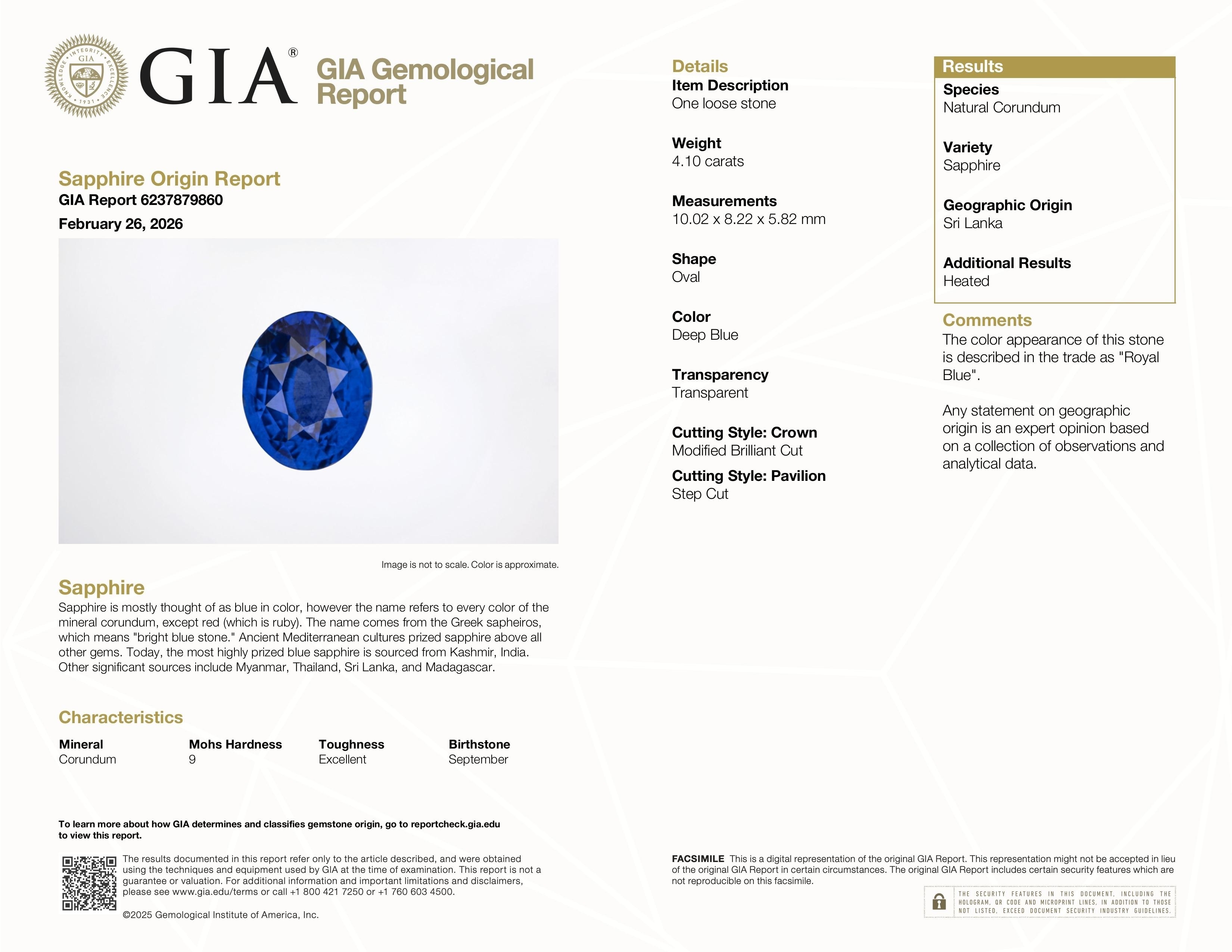 4.10 Ct. Blue Sapphire from Ceylon (Sri Lanka)