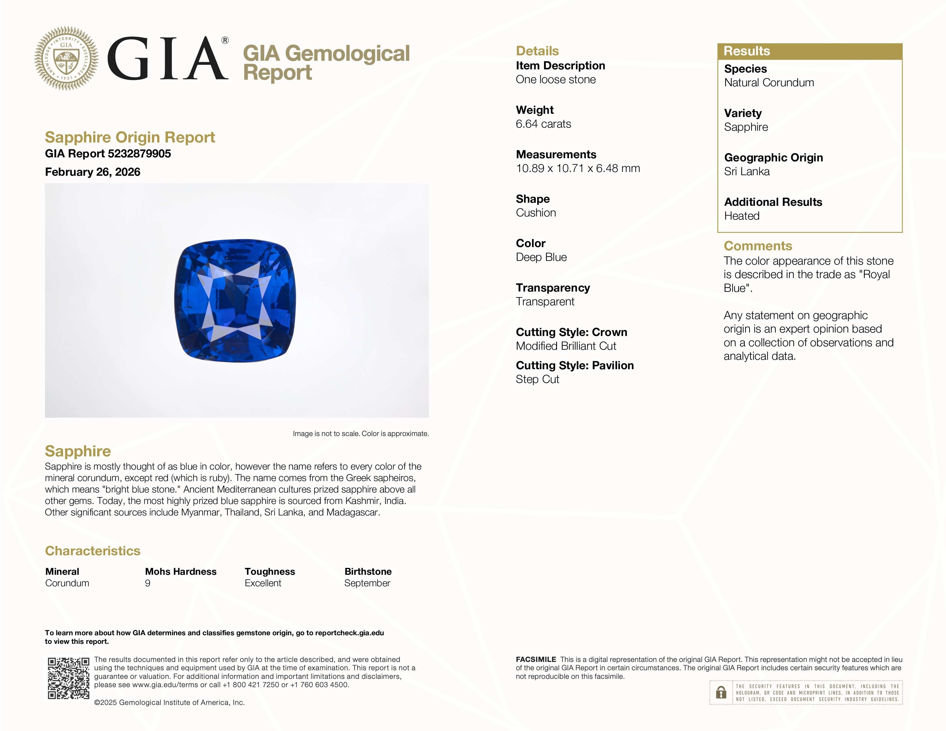 6.64 Ct. Blue Sapphire from Ceylon (Sri Lanka)