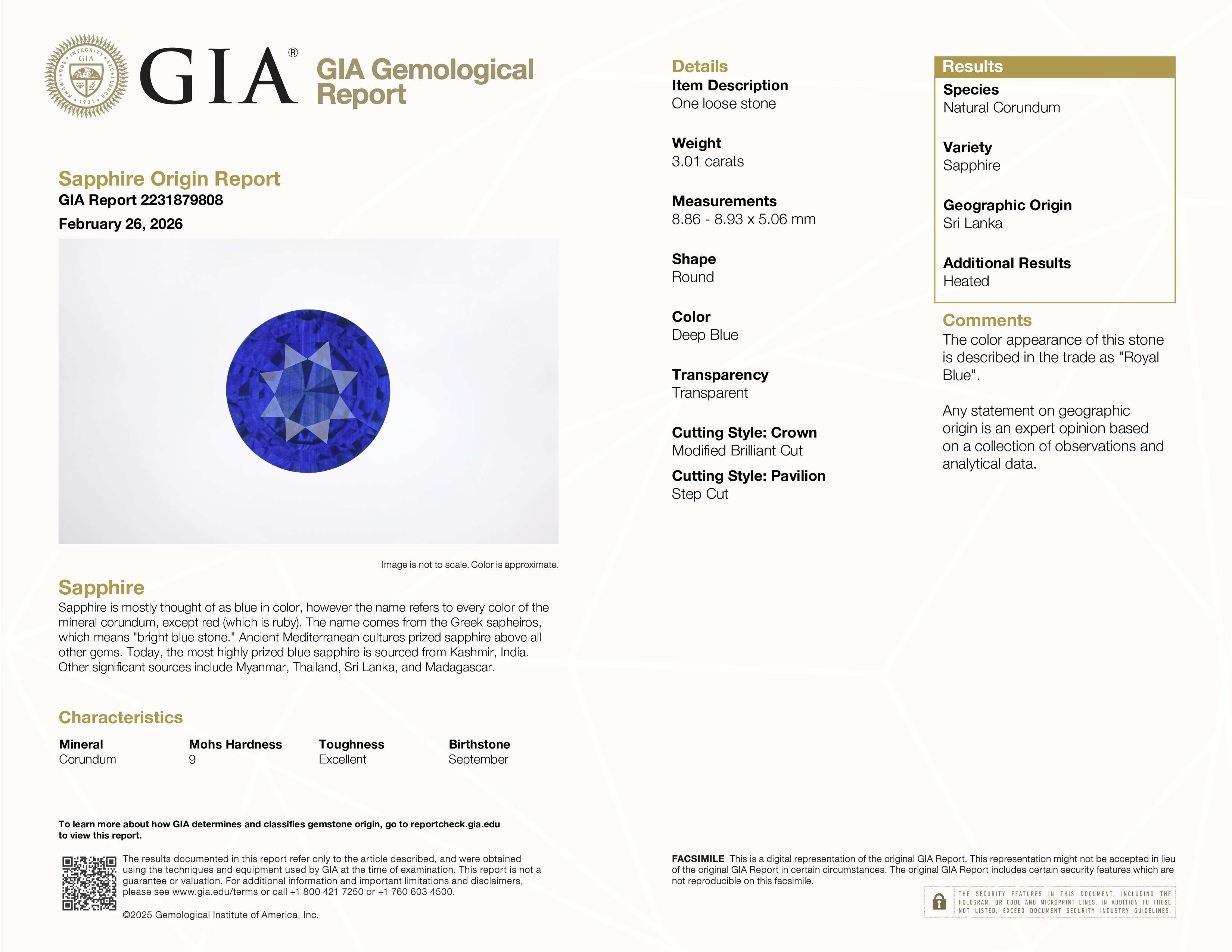 3.01 Ct. Blue Sapphire from Ceylon (Sri Lanka)