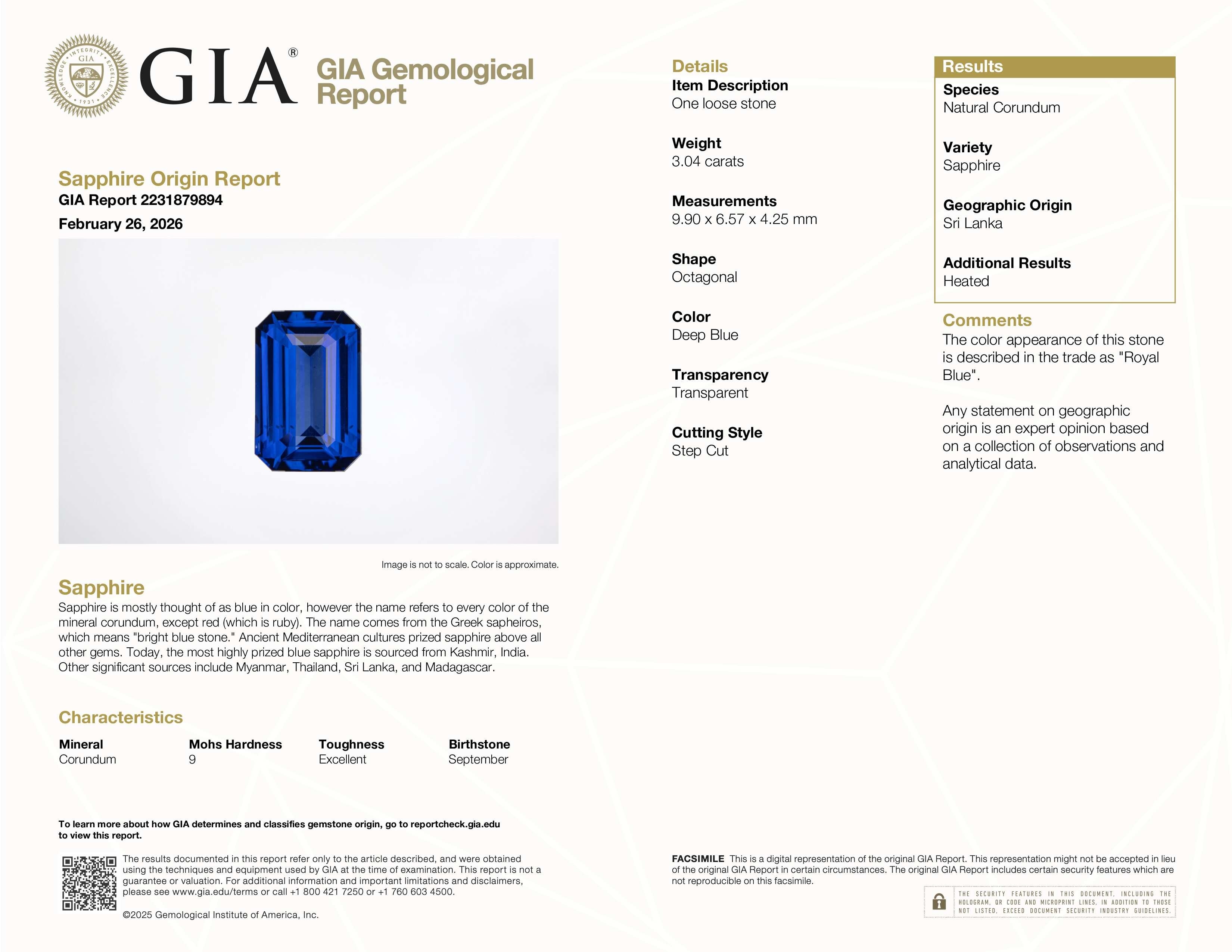 3.04 Ct. Blue Sapphire from Ceylon (Sri Lanka)