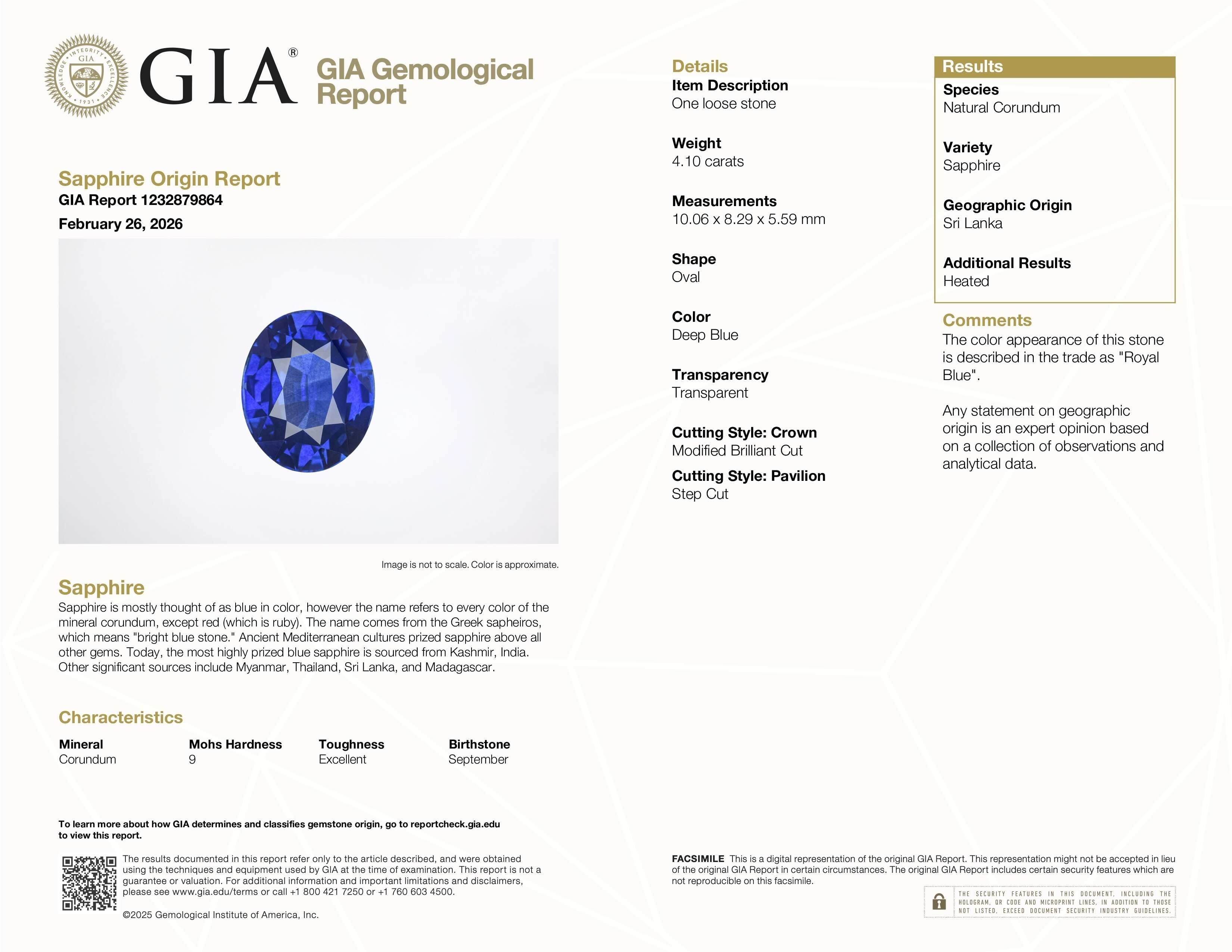 4.10 Ct. Blue Sapphire from Ceylon (Sri Lanka)