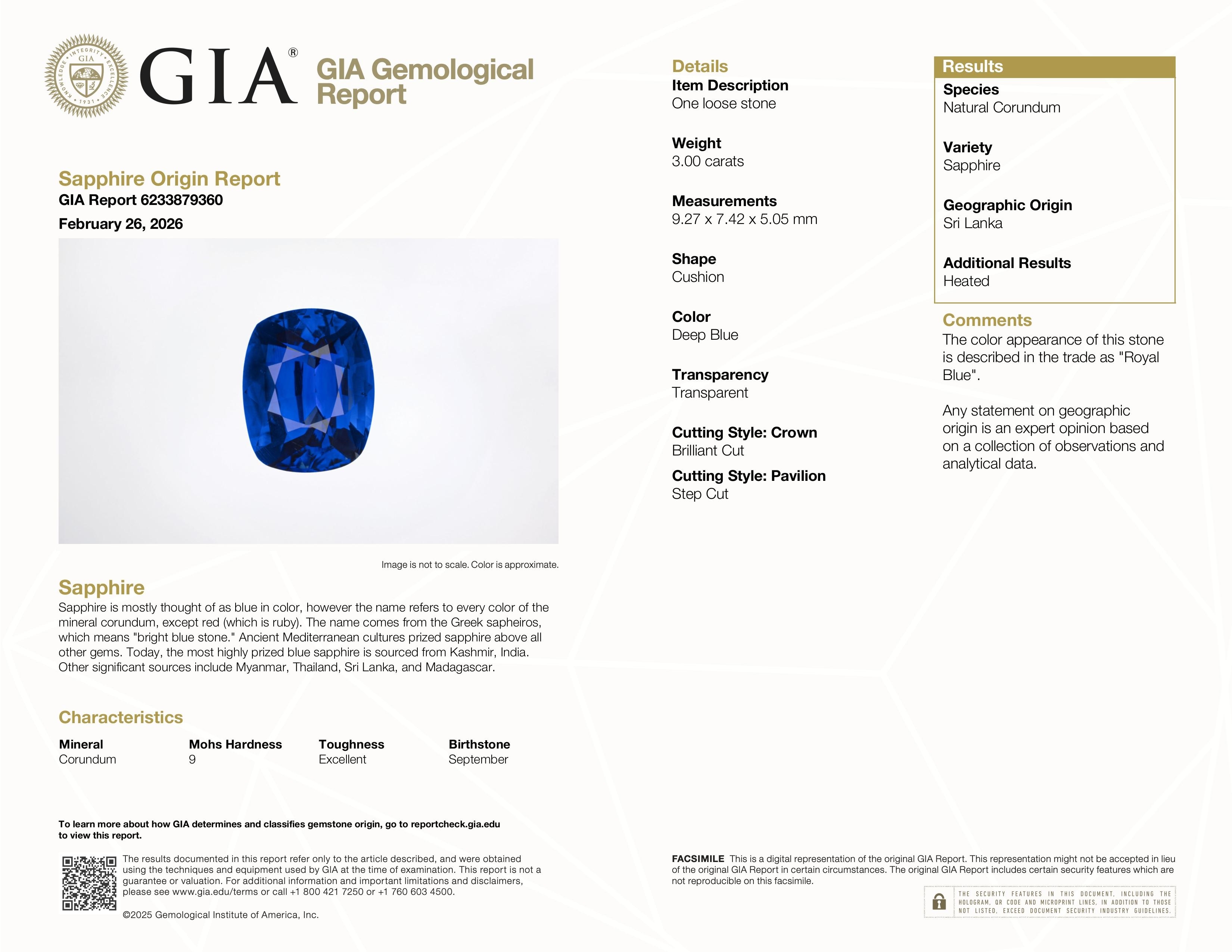 3.00 Ct. Blue Sapphire from Ceylon (Sri Lanka)