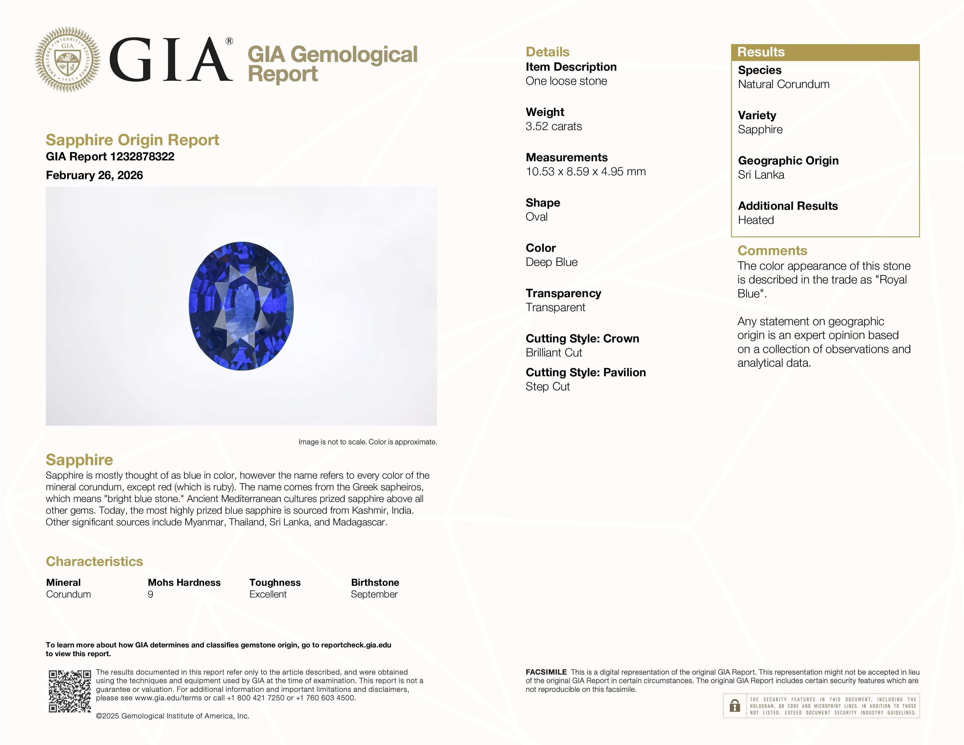 3.52 Ct. Blue Sapphire from Ceylon (Sri Lanka)