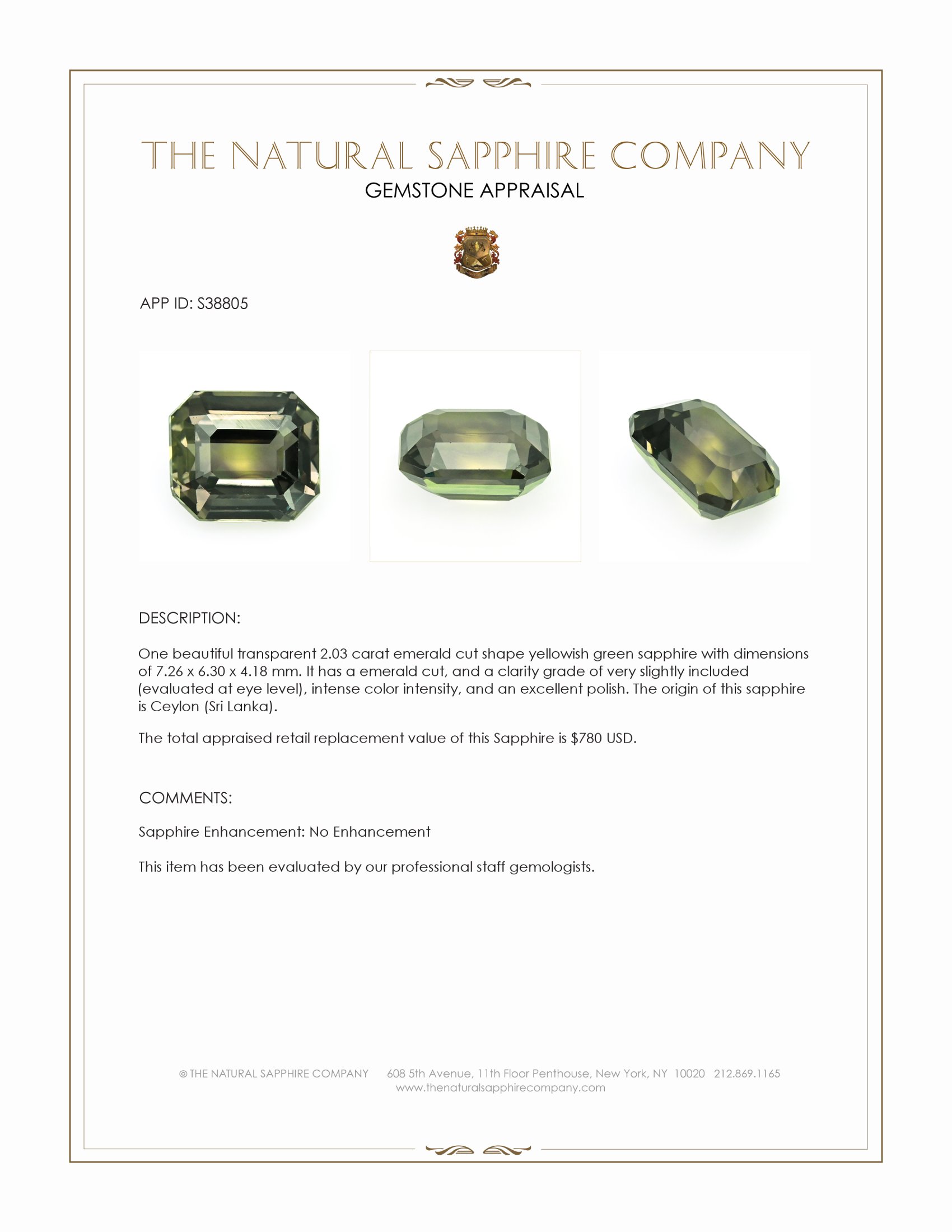 2.03 Ct. Yellowish Green Sapphire from Ceylon (Sri Lanka)