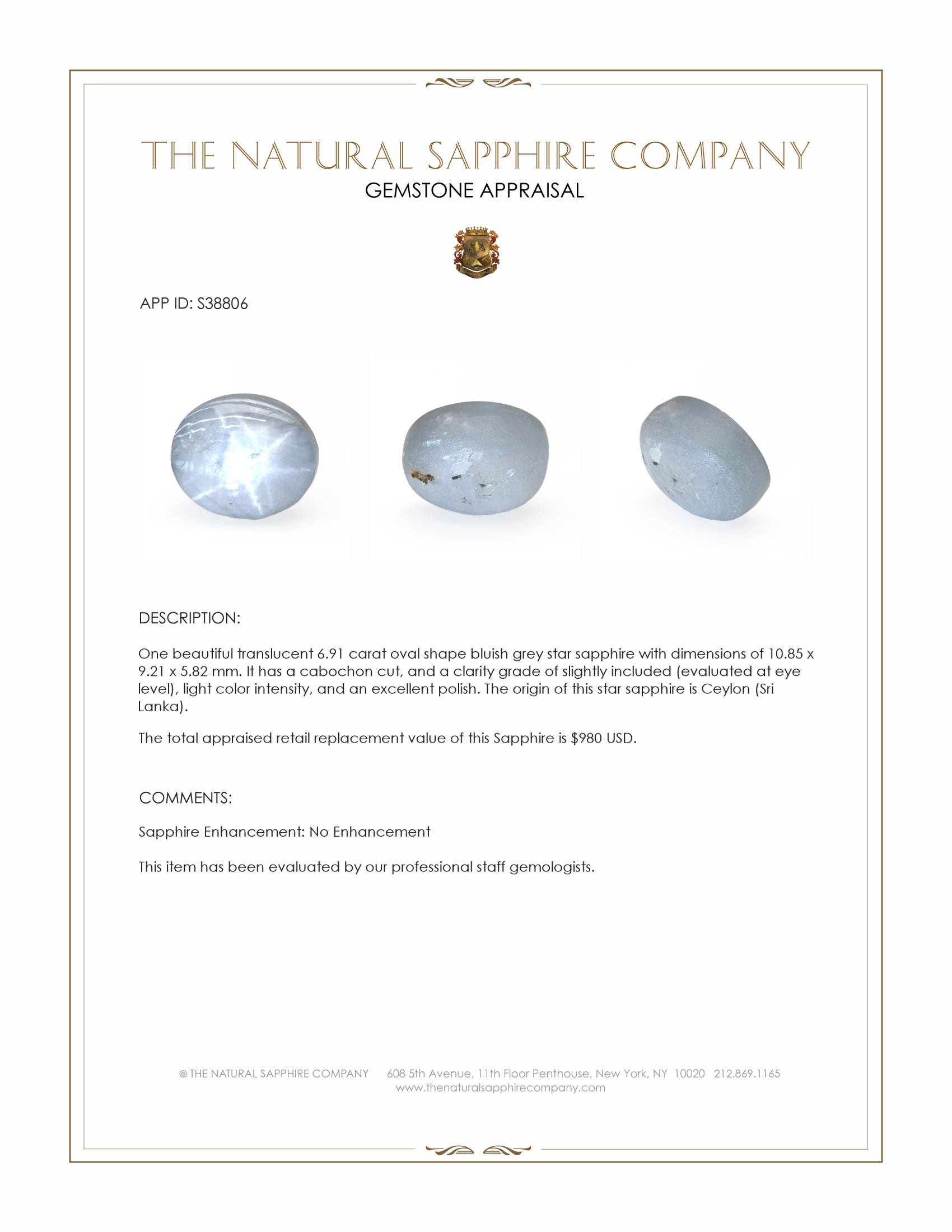 6.91 Ct. Bluish Grey Star Sapphire from Ceylon (Sri Lanka)