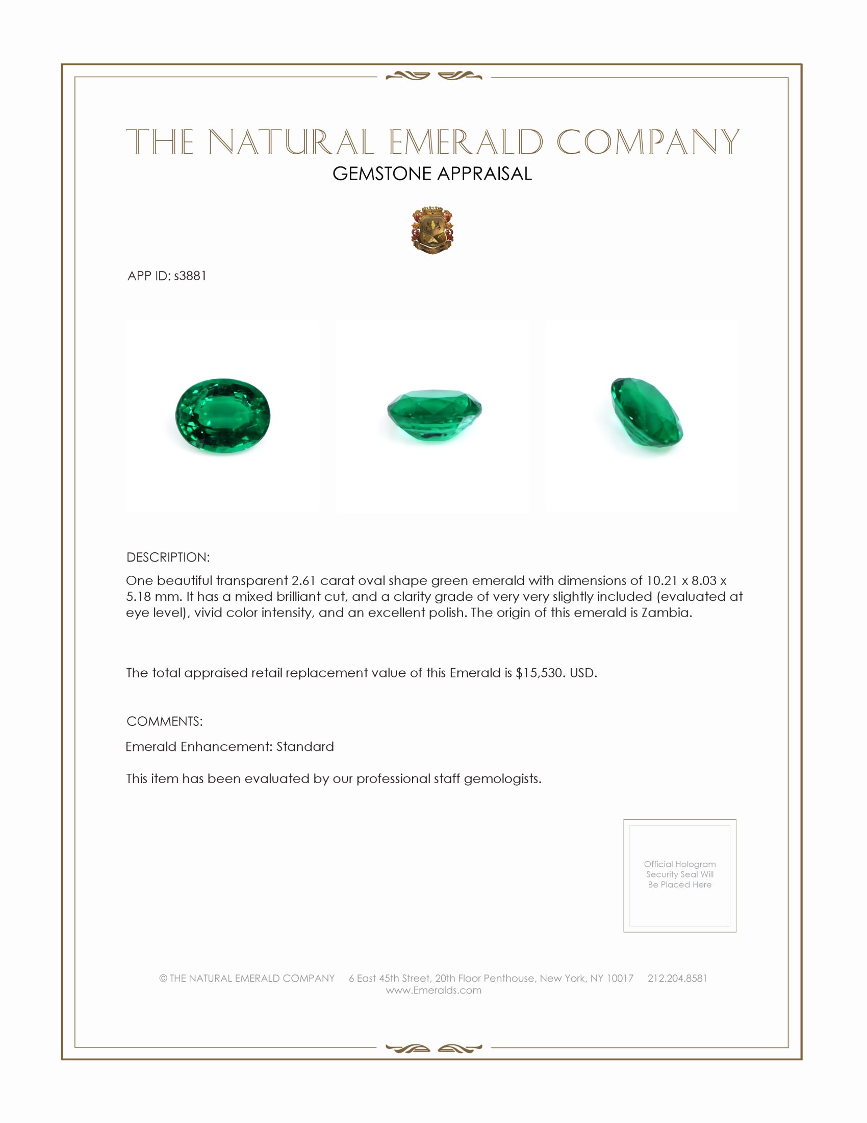 2.61 Ct. Emerald from Zambia