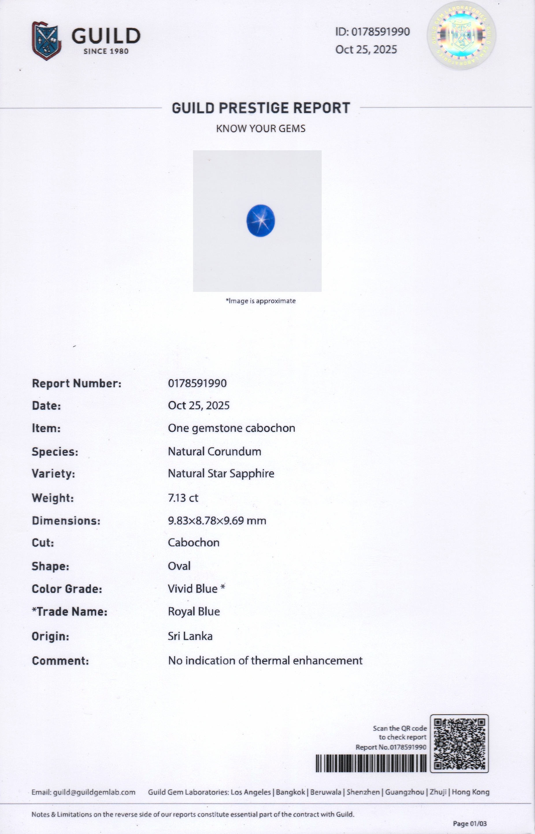 7.13 Ct. Blue Star Sapphire from Ceylon (Sri Lanka)