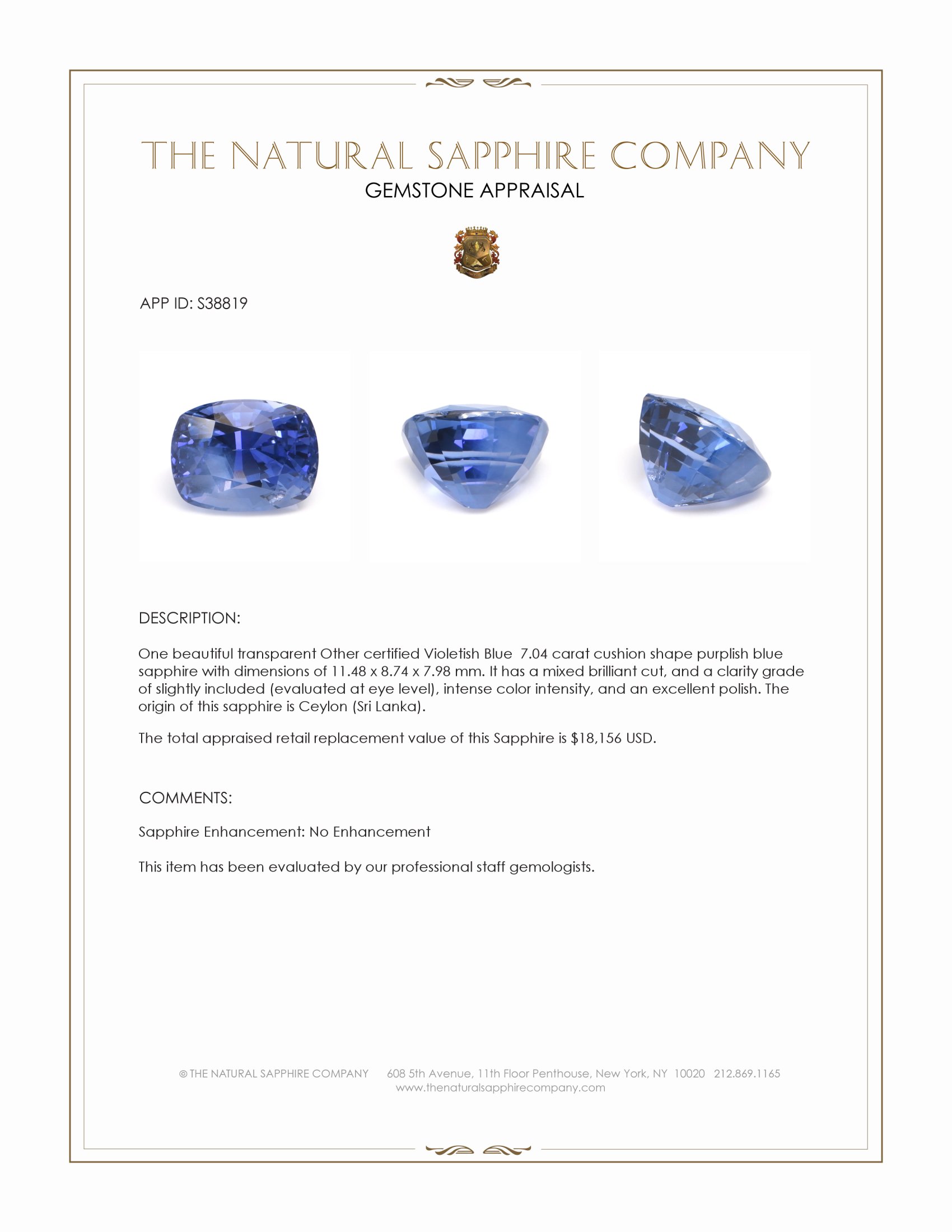 7.04 Ct. Purplish Blue Sapphire from Ceylon (Sri Lanka)