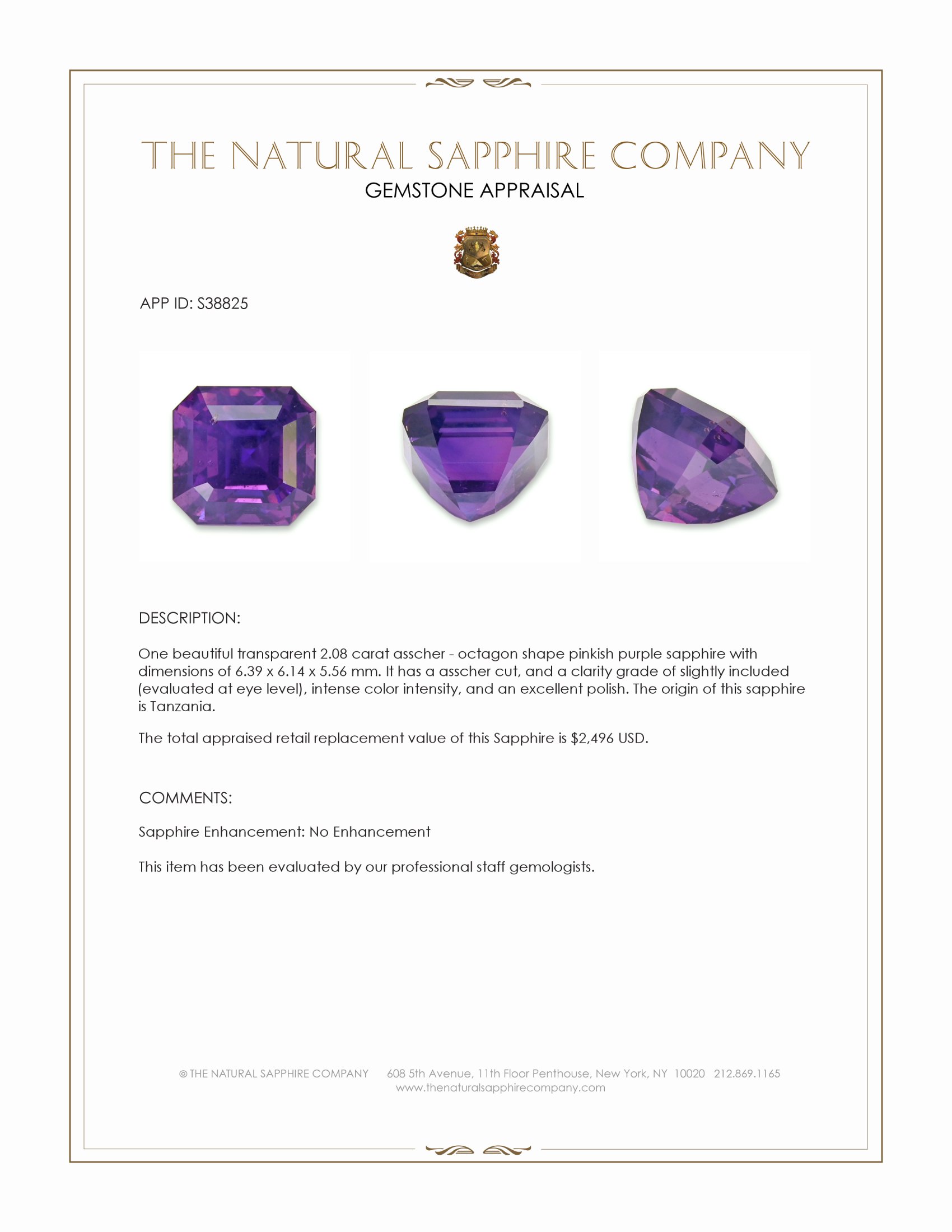 2.08 Ct. Pinkish Purple Sapphire from Tanzania