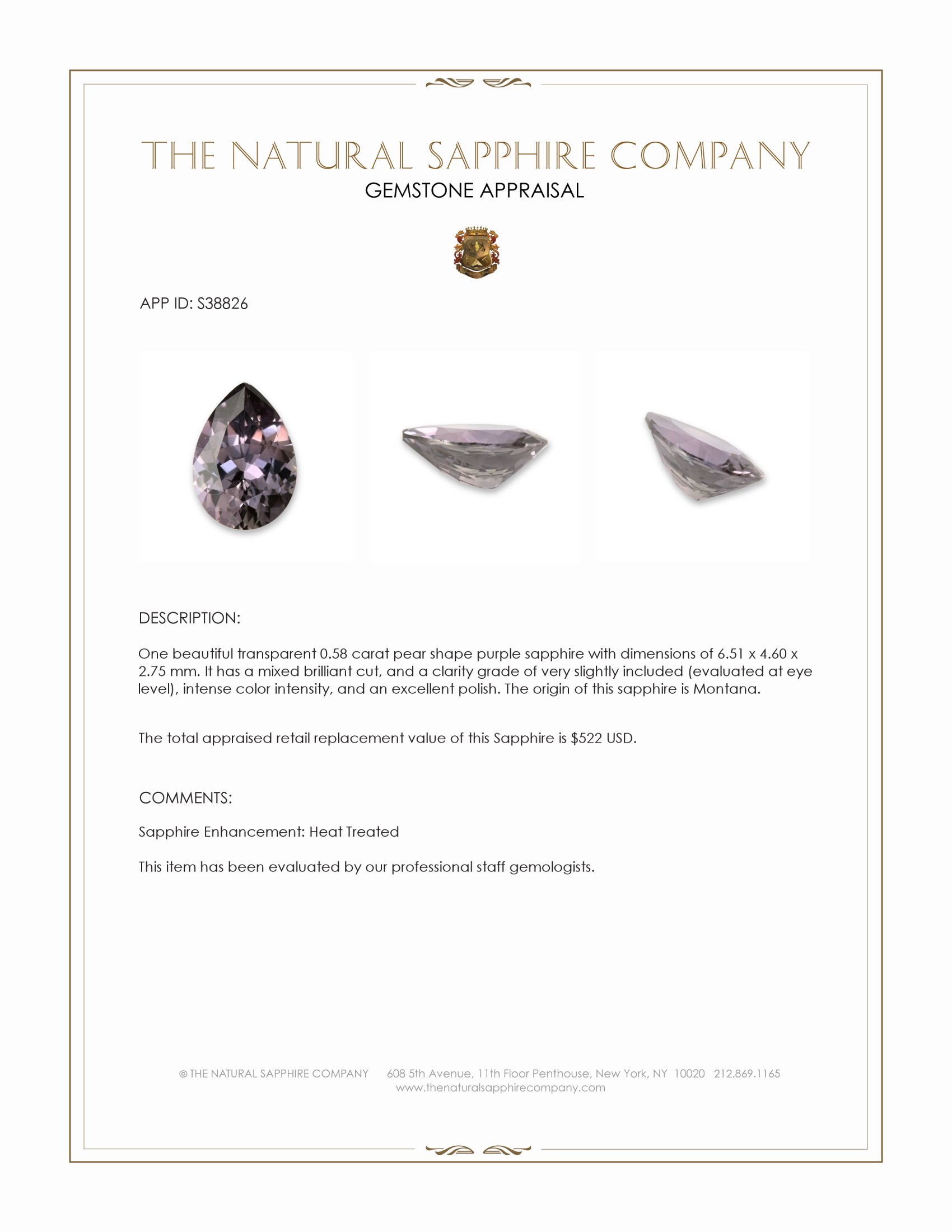 0.58 Ct. Purple Sapphire from Montana