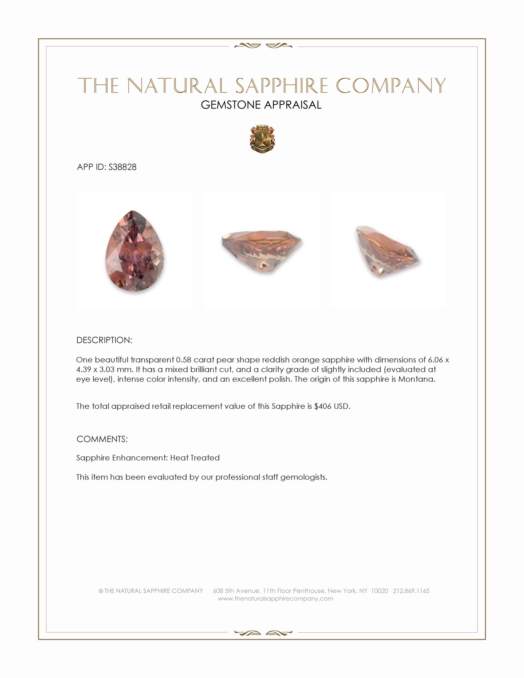 0.58 Ct. Reddish Orange Sapphire from Montana