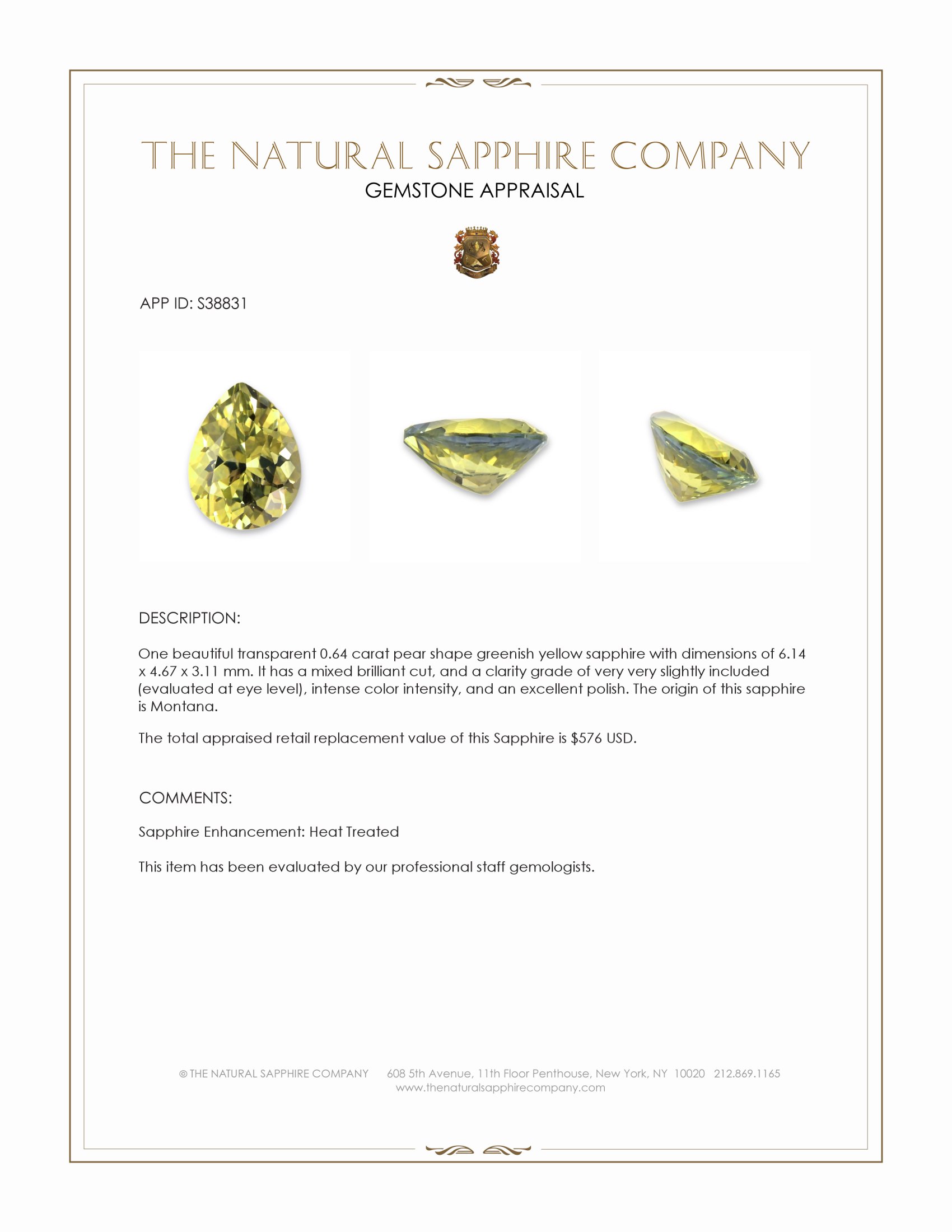 0.64 Ct. Greenish Yellow Sapphire from Montana