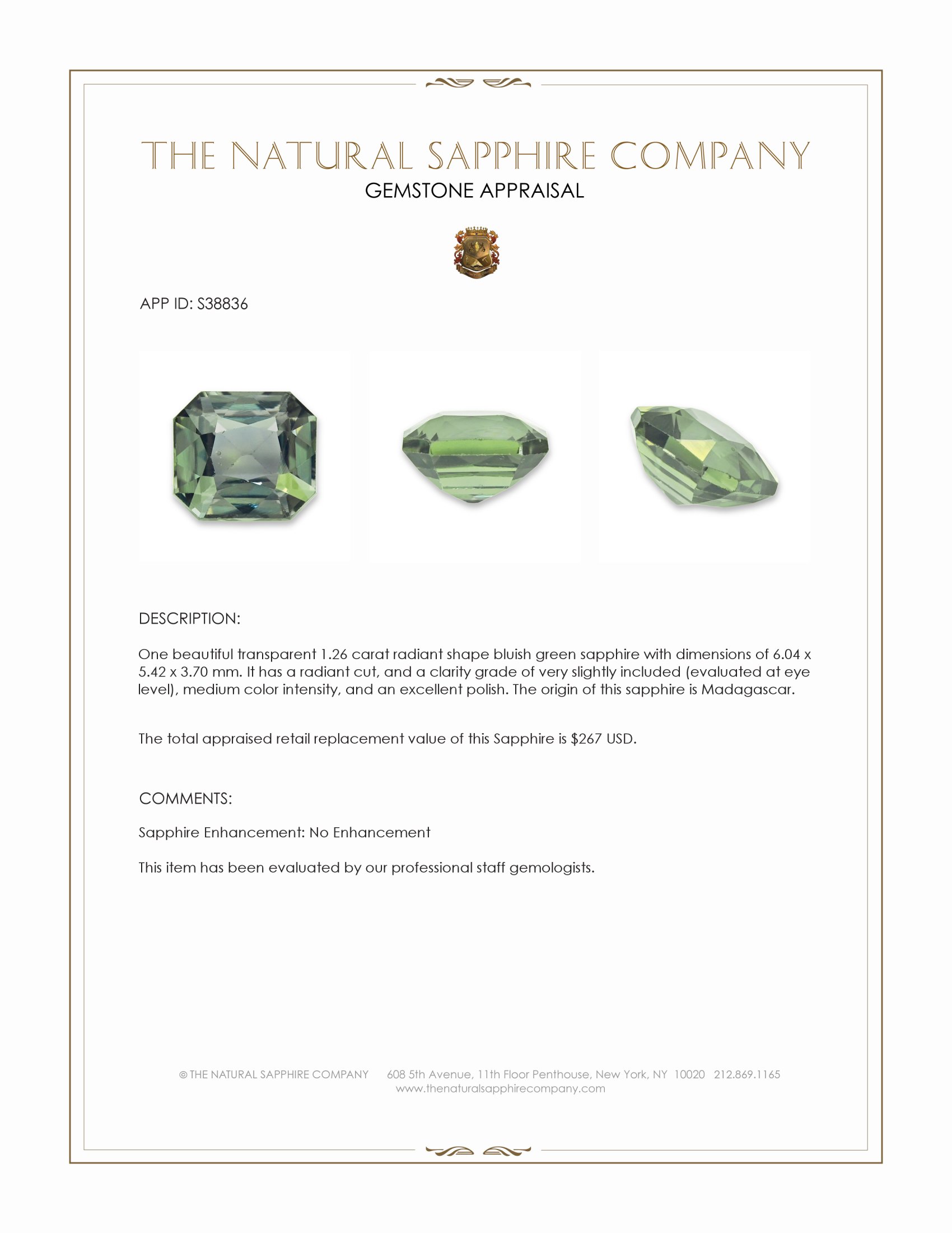 1.26 Ct. Bluish Green Sapphire from Madagascar