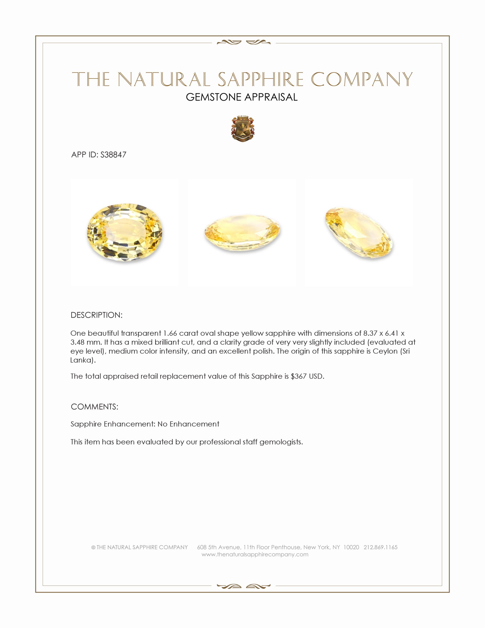 1.66 Ct. Yellow Sapphire from Ceylon (Sri Lanka)