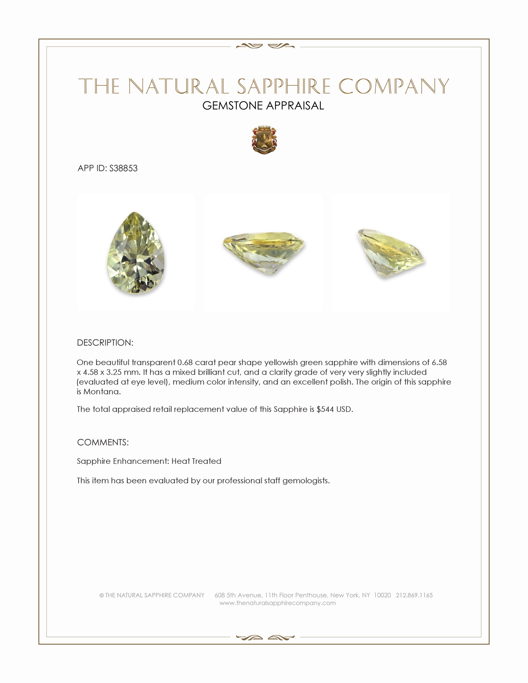 0.68 Ct. Yellowish Green Sapphire from Montana