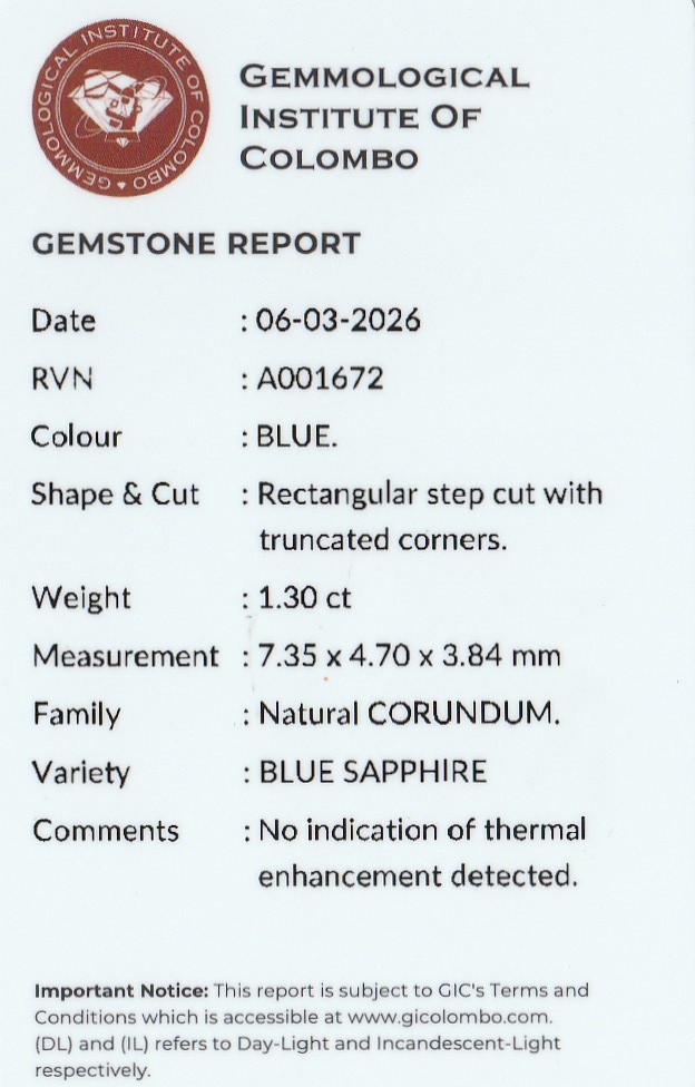 1.30 Ct. Blue Sapphire from Ceylon (Sri Lanka)