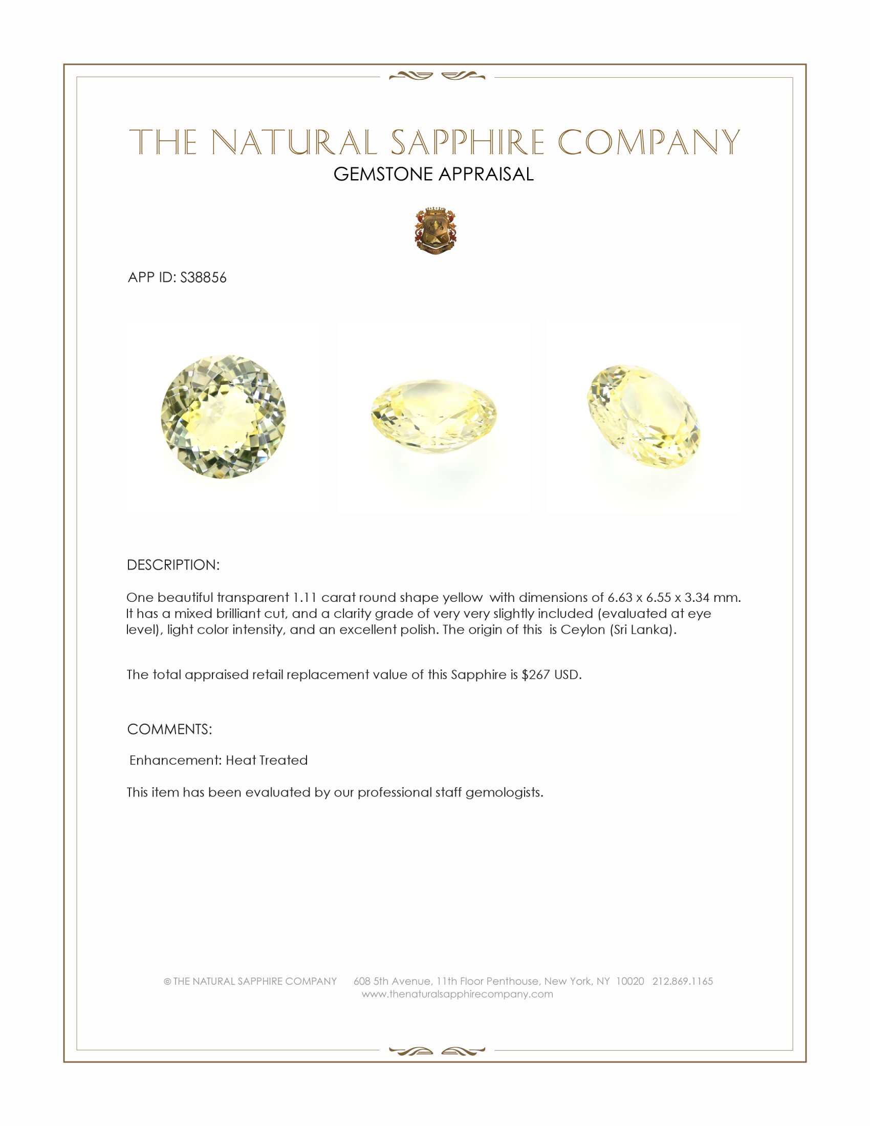 1.11 Ct. Yellow Sapphire from Ceylon (Sri Lanka)