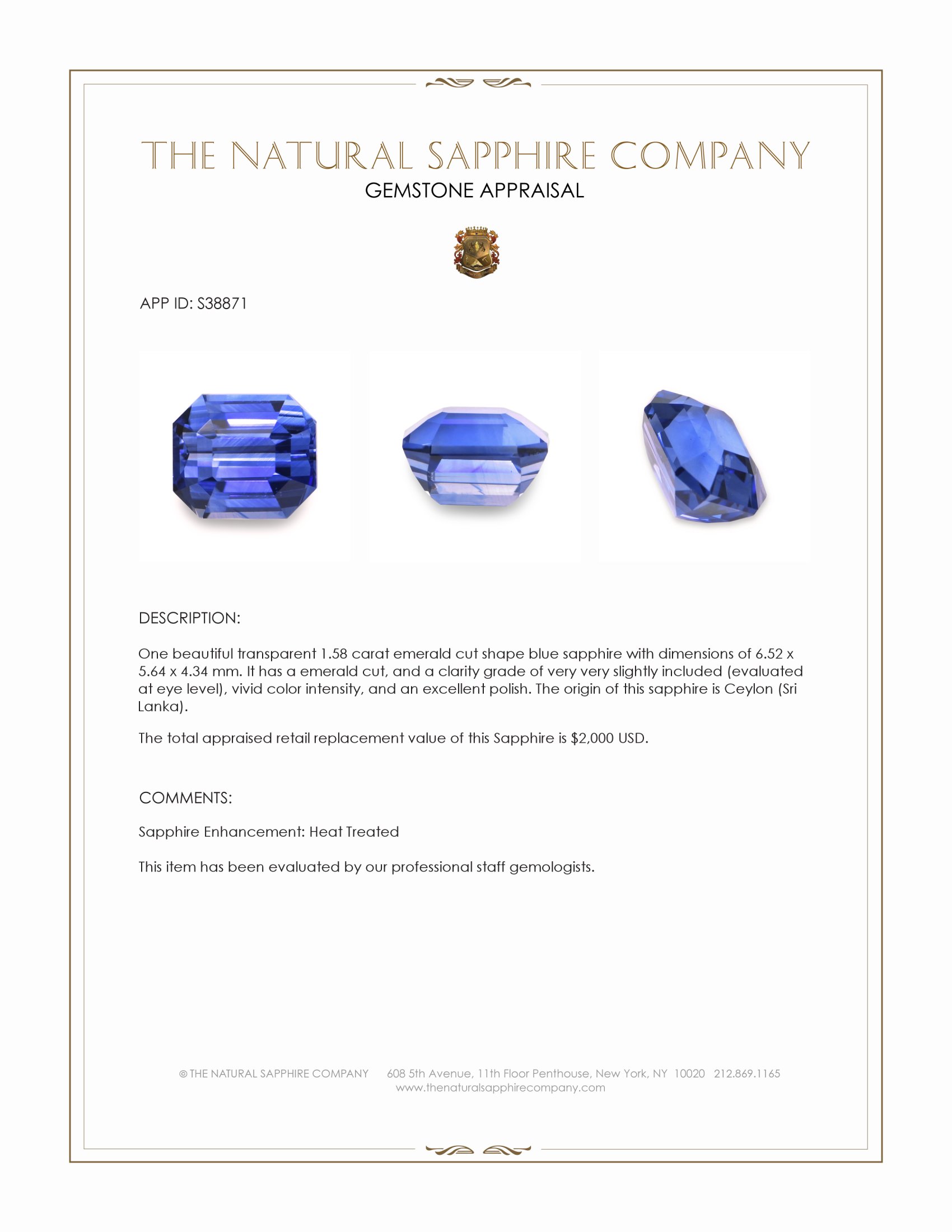 1.58 Ct. Blue Sapphire from Ceylon (Sri Lanka)