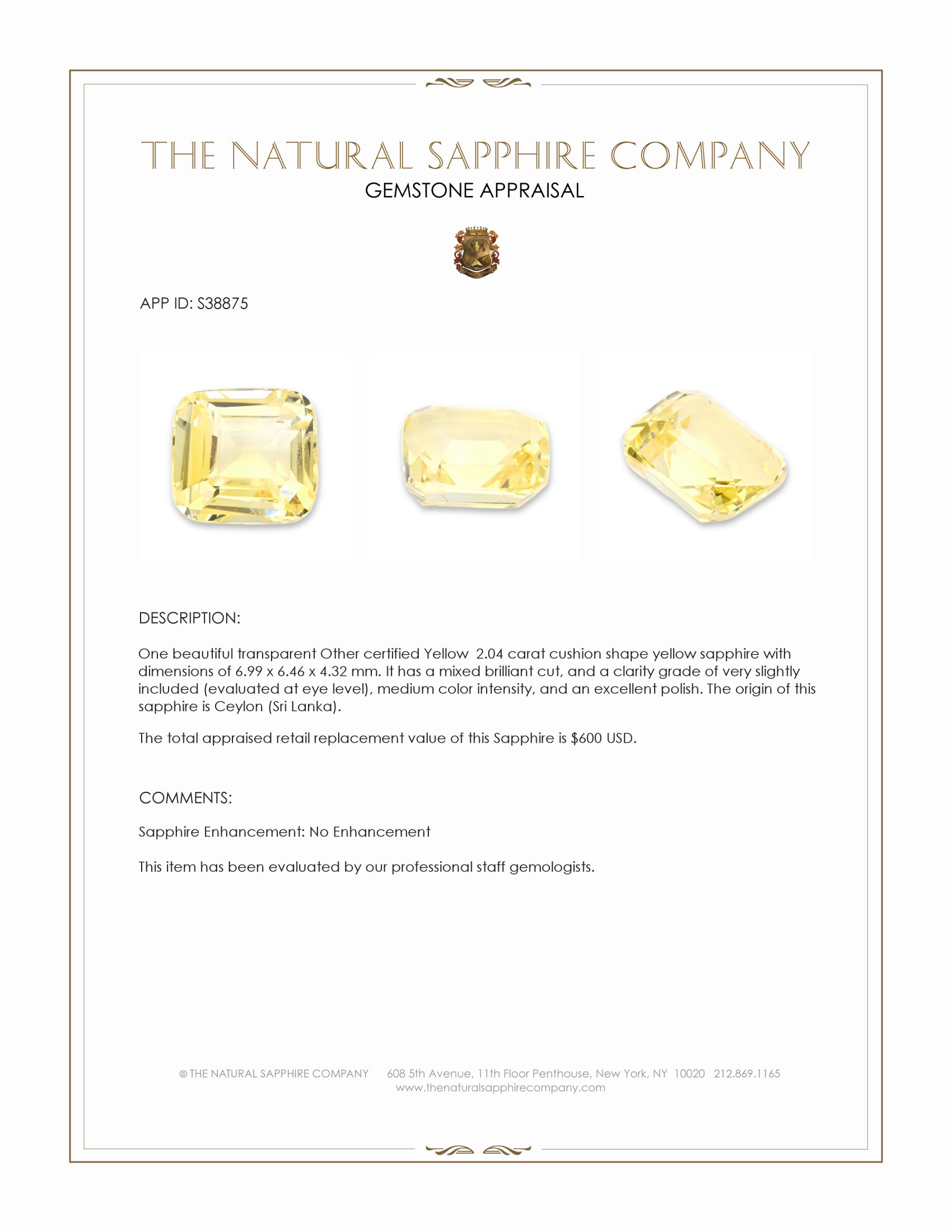 2.04 Ct. Yellow Sapphire from Ceylon (Sri Lanka)