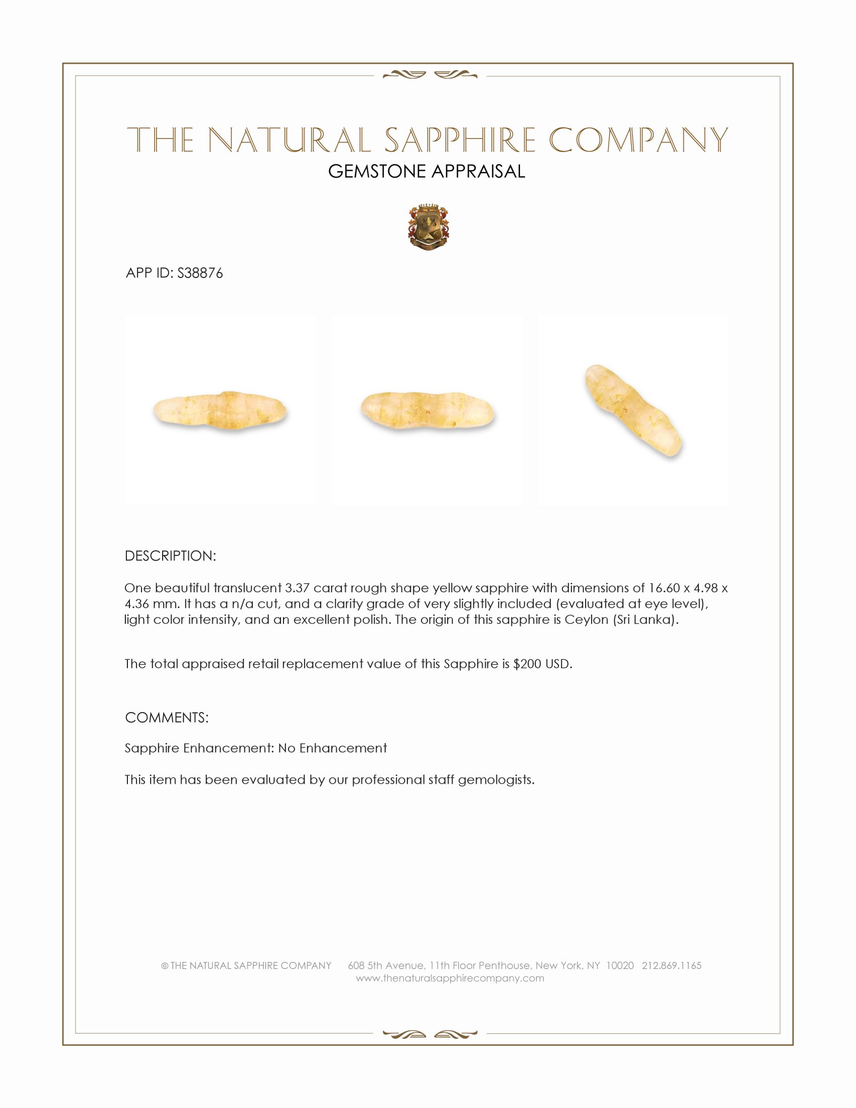 3.37 Ct. Yellow Rough Sapphire from Ceylon (Sri Lanka)