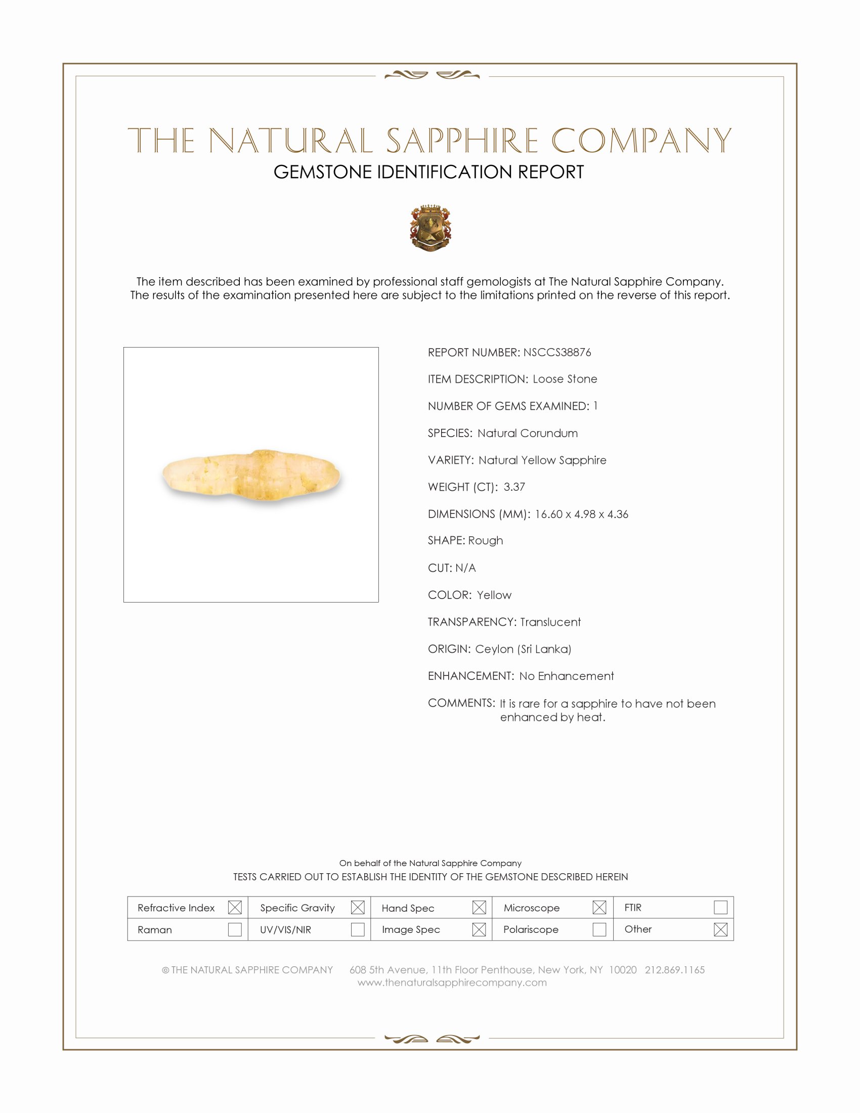 3.37 Ct. Yellow Rough Sapphire from Ceylon (Sri Lanka)
