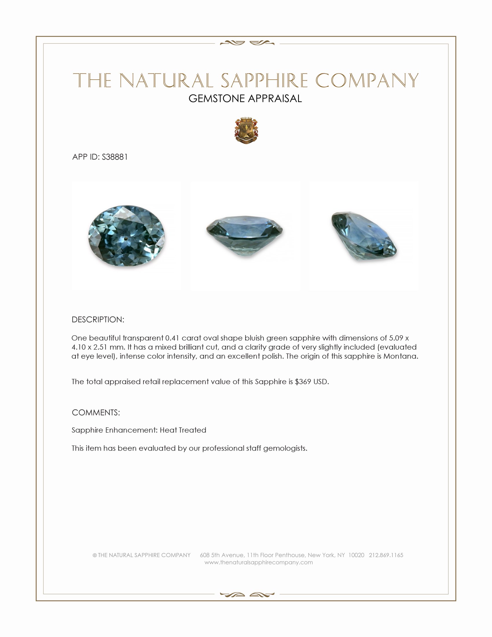 0.41 Ct. Bluish Green Sapphire from Montana