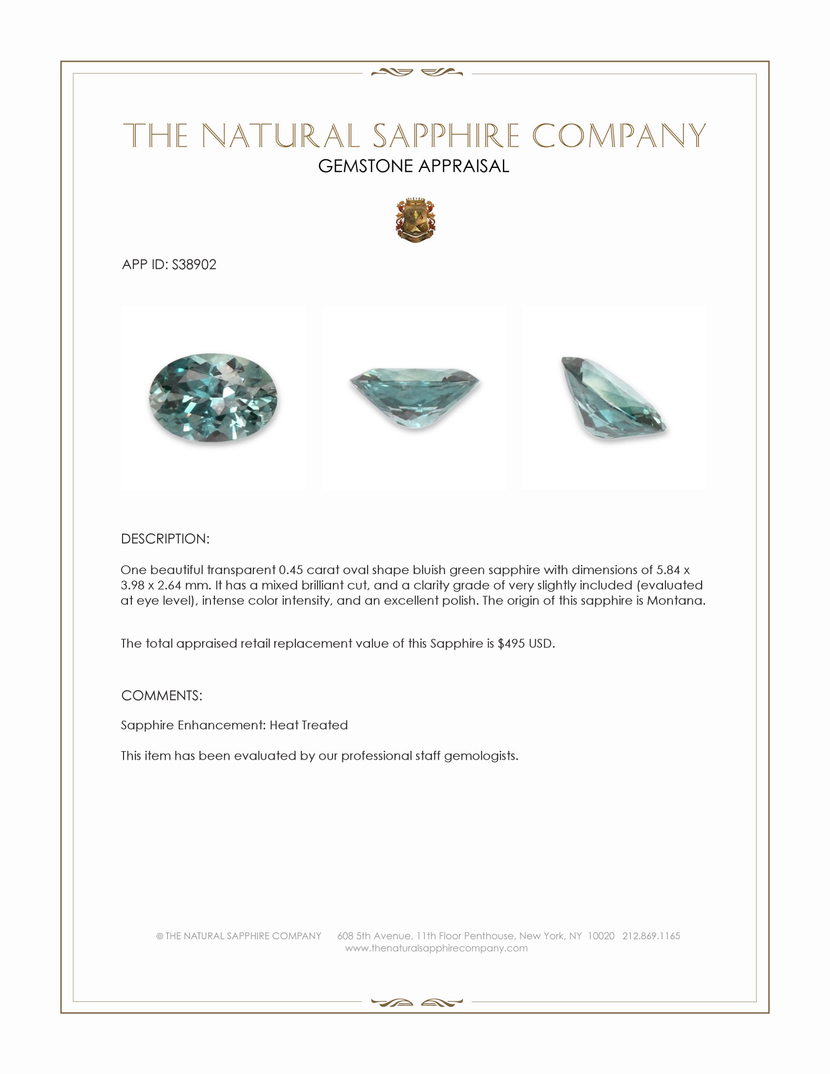 0.45 Ct. Bluish Green Sapphire from Montana