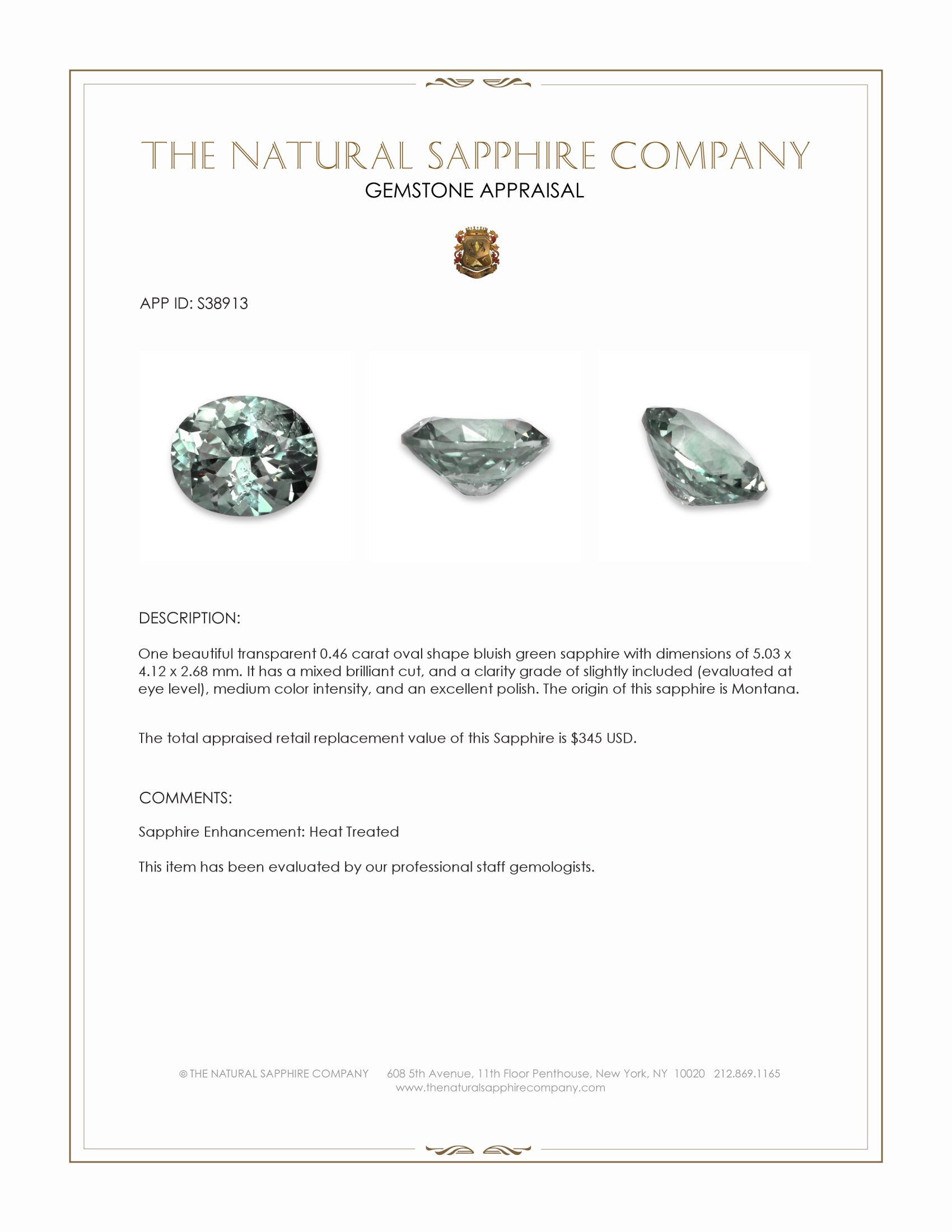 0.46 Ct. Bluish Green Sapphire from Montana