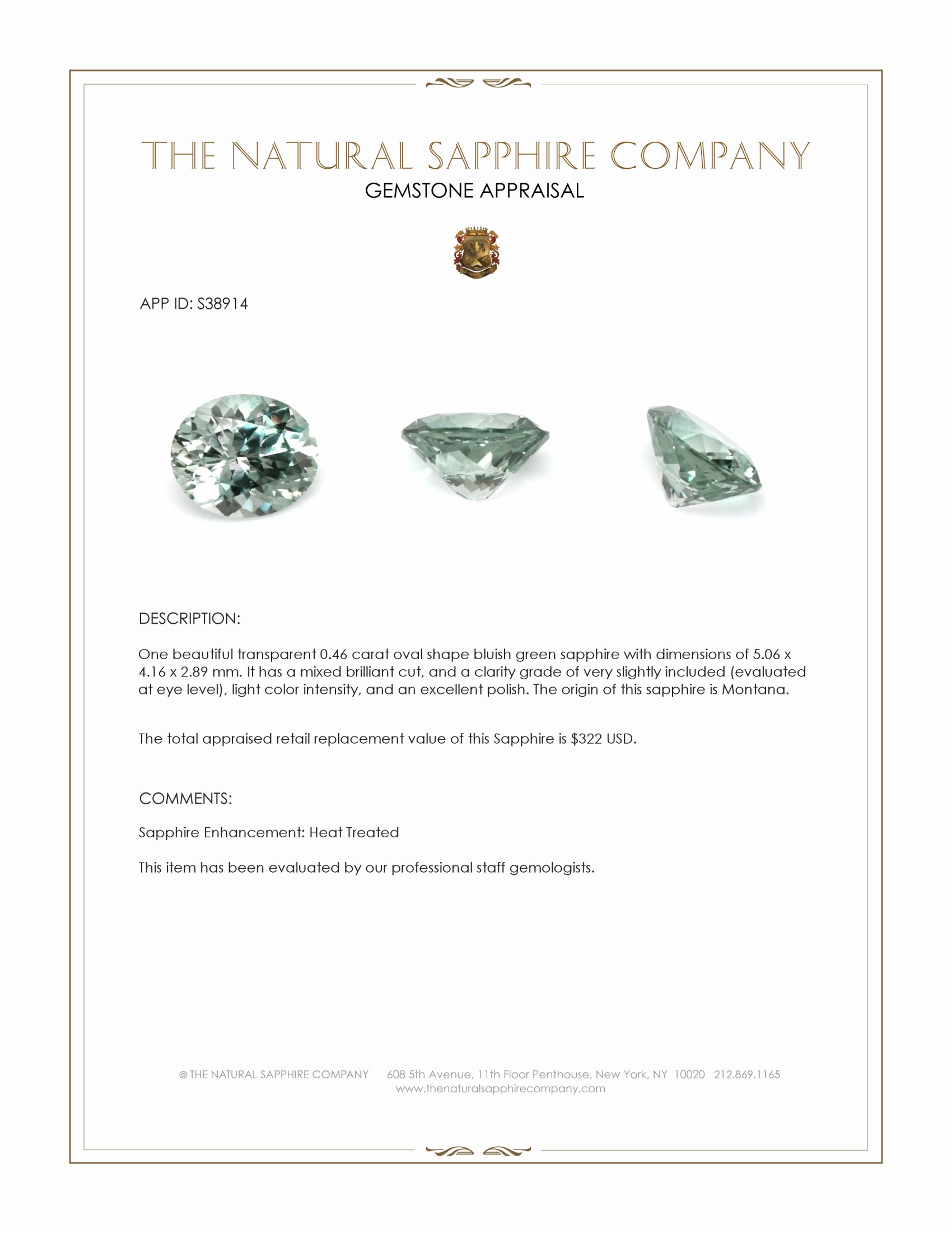 0.46 Ct. Bluish Green Sapphire from Montana