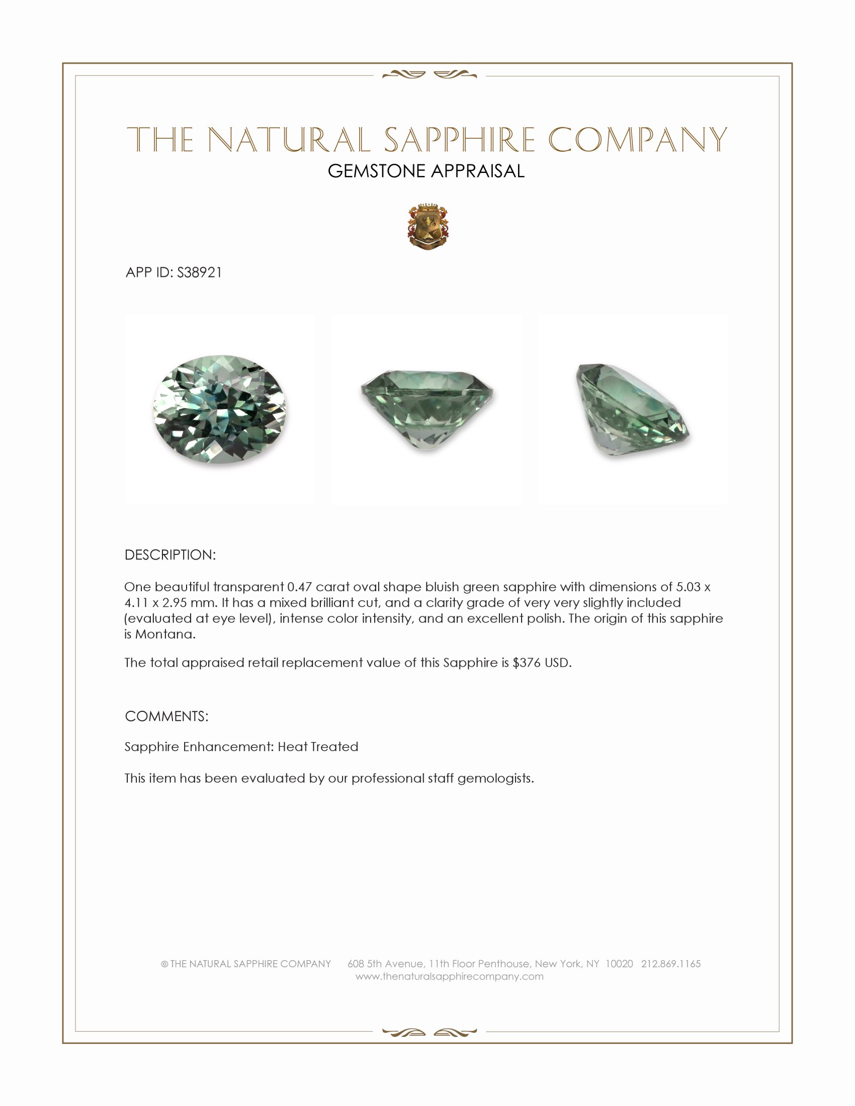 0.47 Ct. Bluish Green Sapphire from Montana