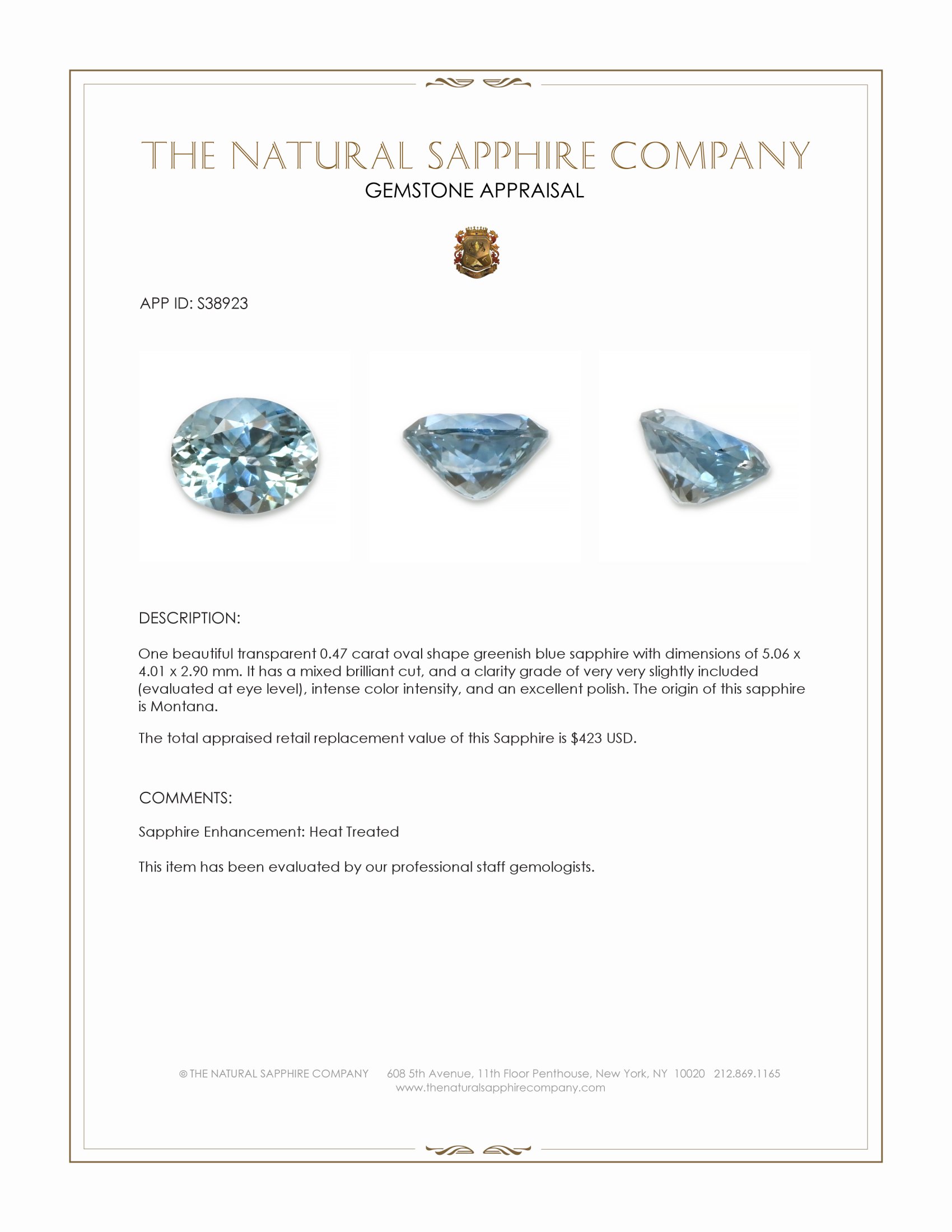 0.47 Ct. Greenish Blue Sapphire from Montana