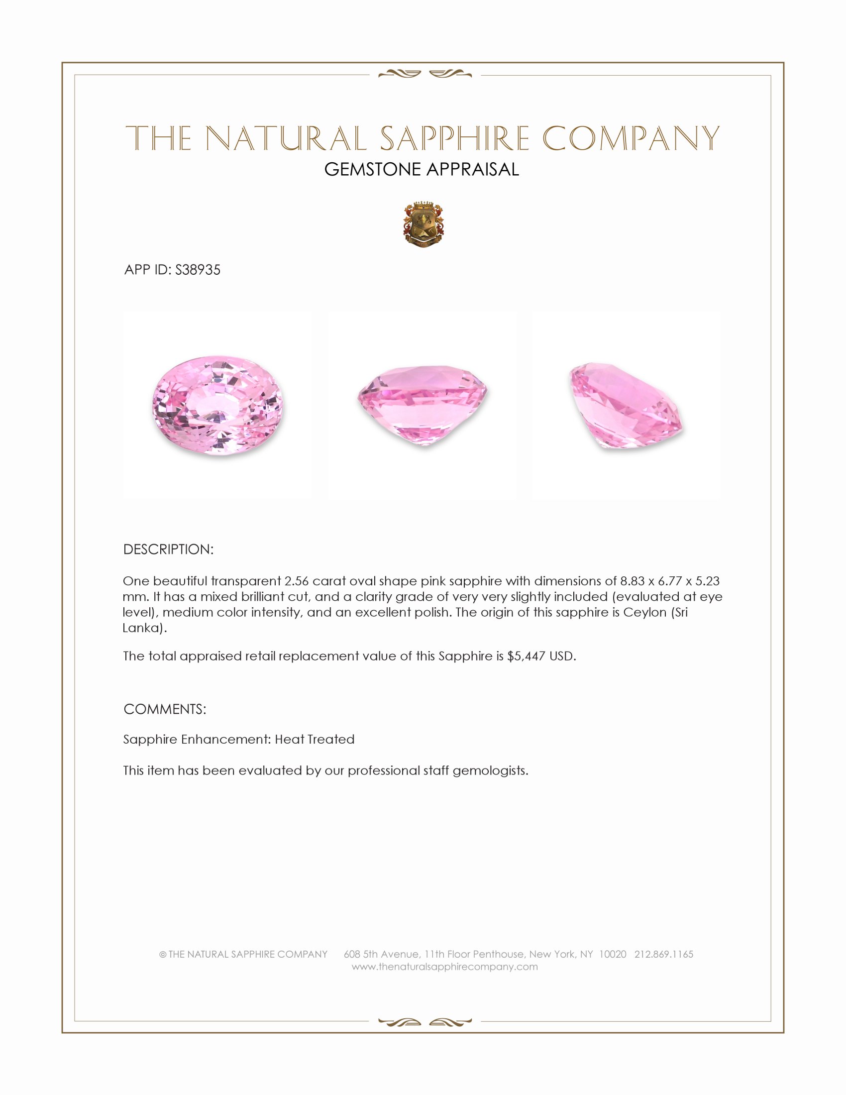 2.56 Ct. Pink Sapphire from Ceylon (Sri Lanka)