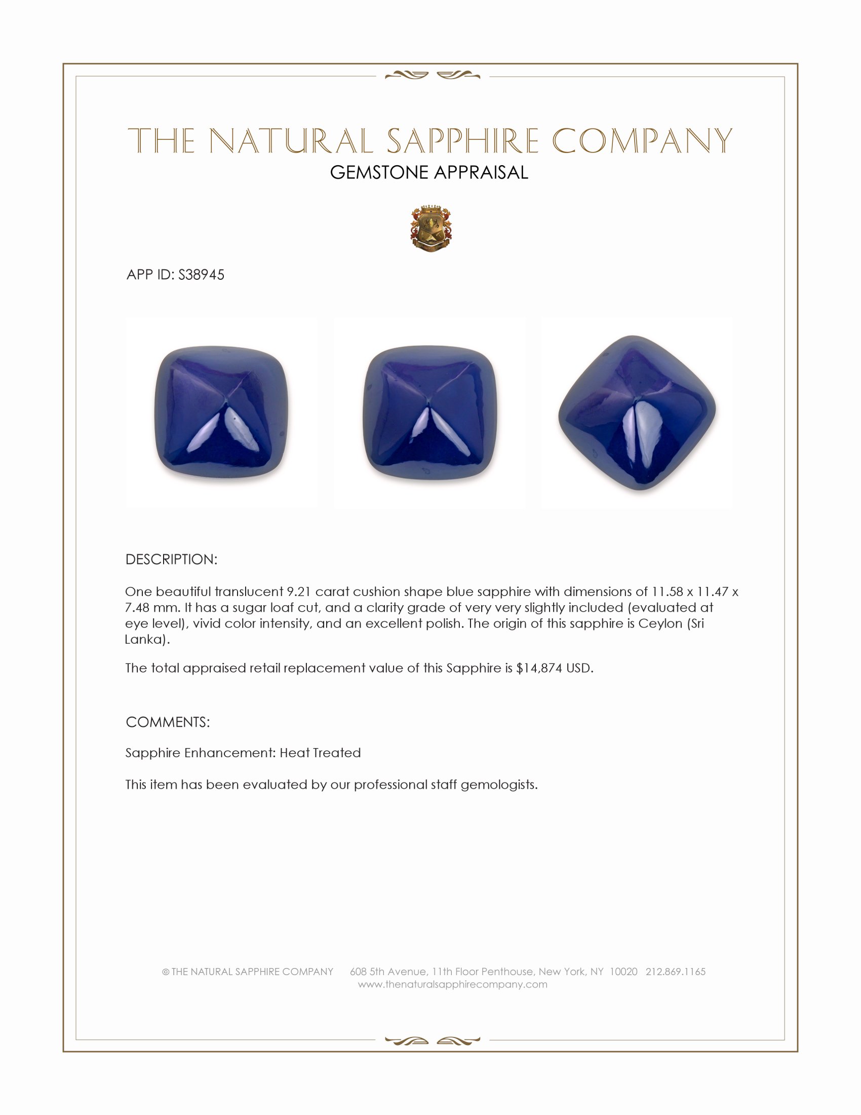 9.21 Ct. Blue Cabochon Sapphire from Ceylon (Sri Lanka)