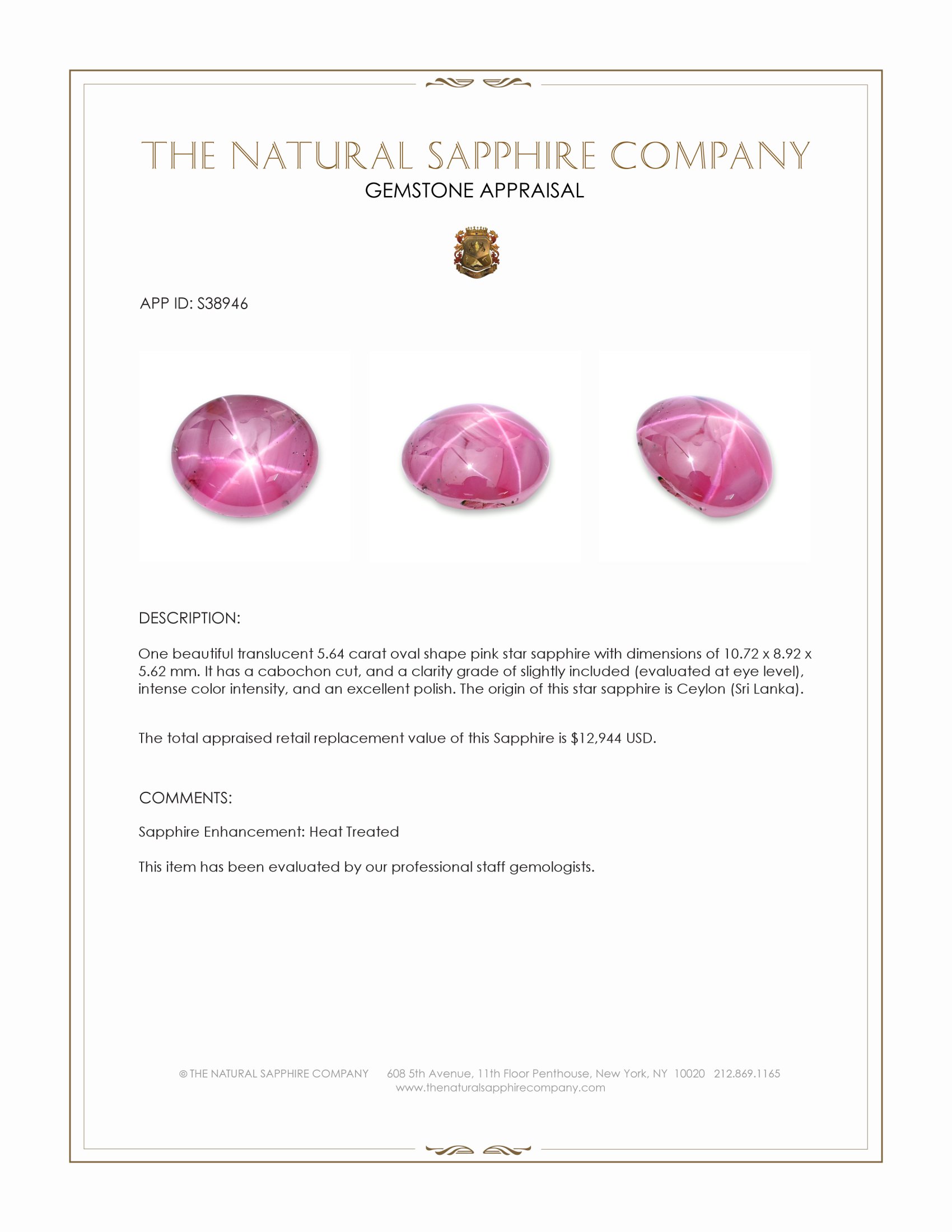 5.64 Ct. Pink Star Sapphire from Ceylon (Sri Lanka)