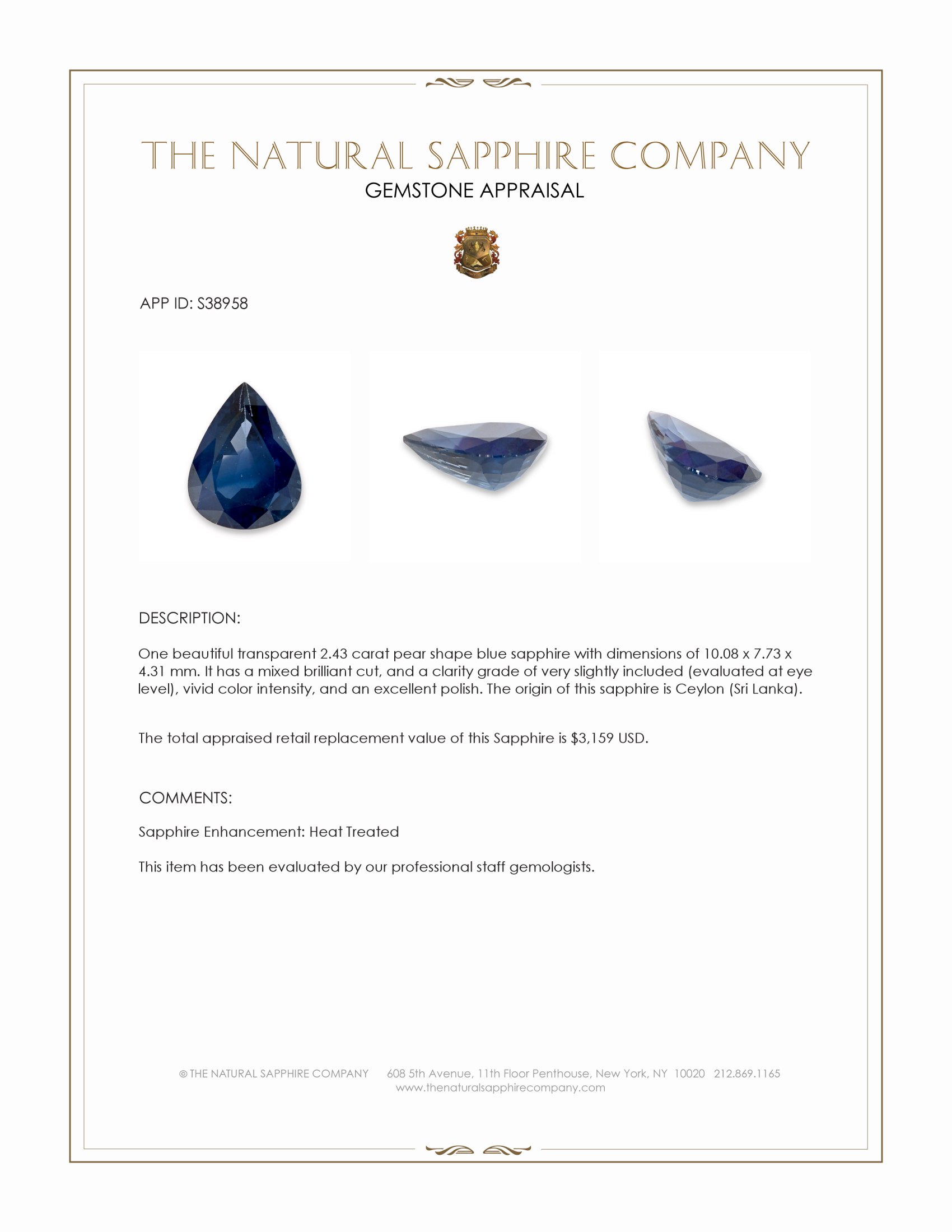 2.43 Ct. Blue Sapphire from Ceylon (Sri Lanka)
