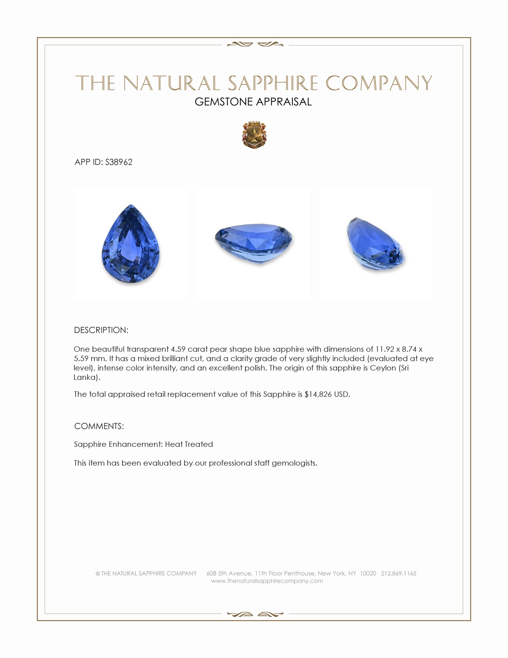 4.59 Ct. Blue Sapphire from Ceylon (Sri Lanka)
